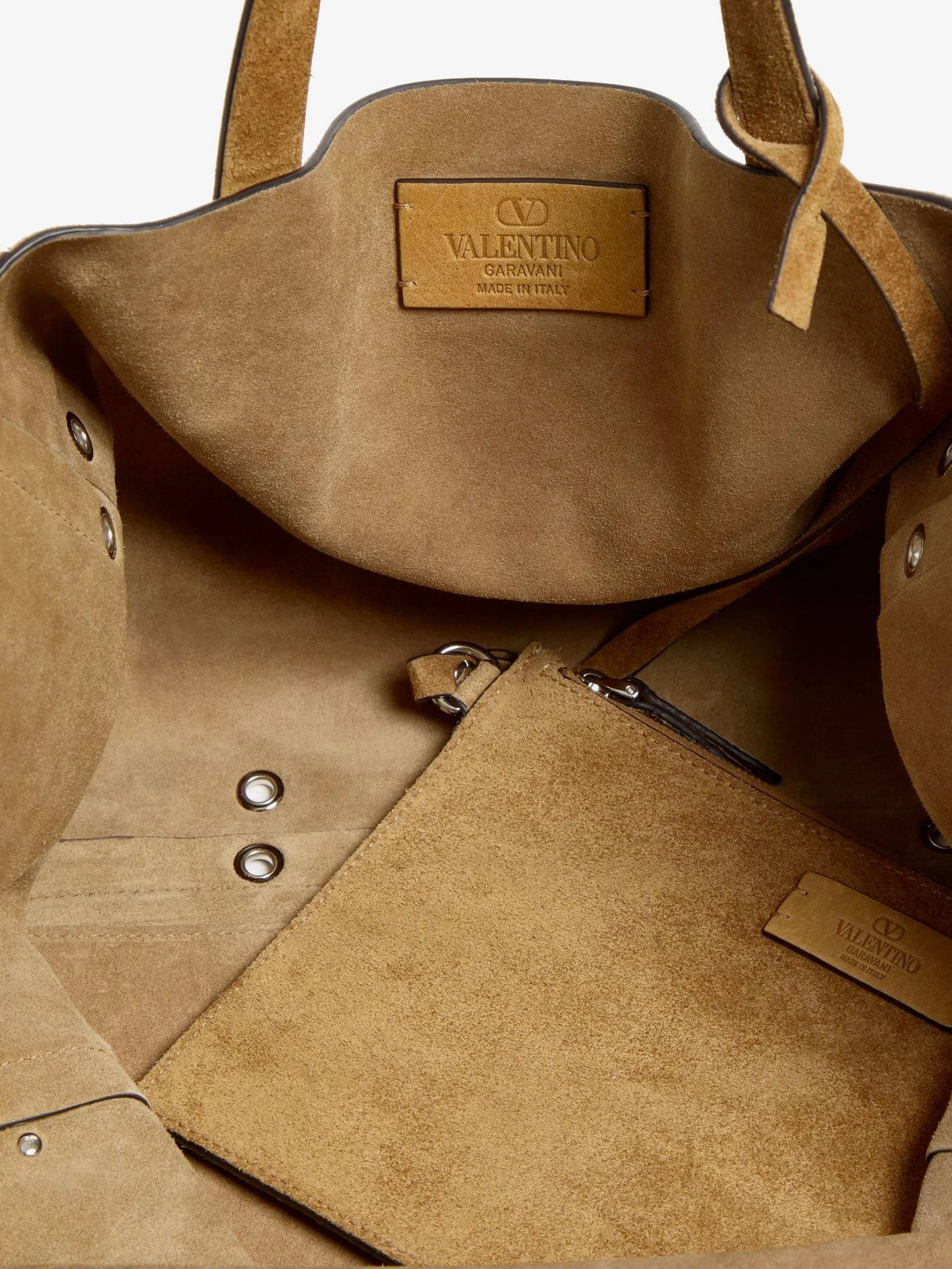 Suede shopping bag with metal logo.webp