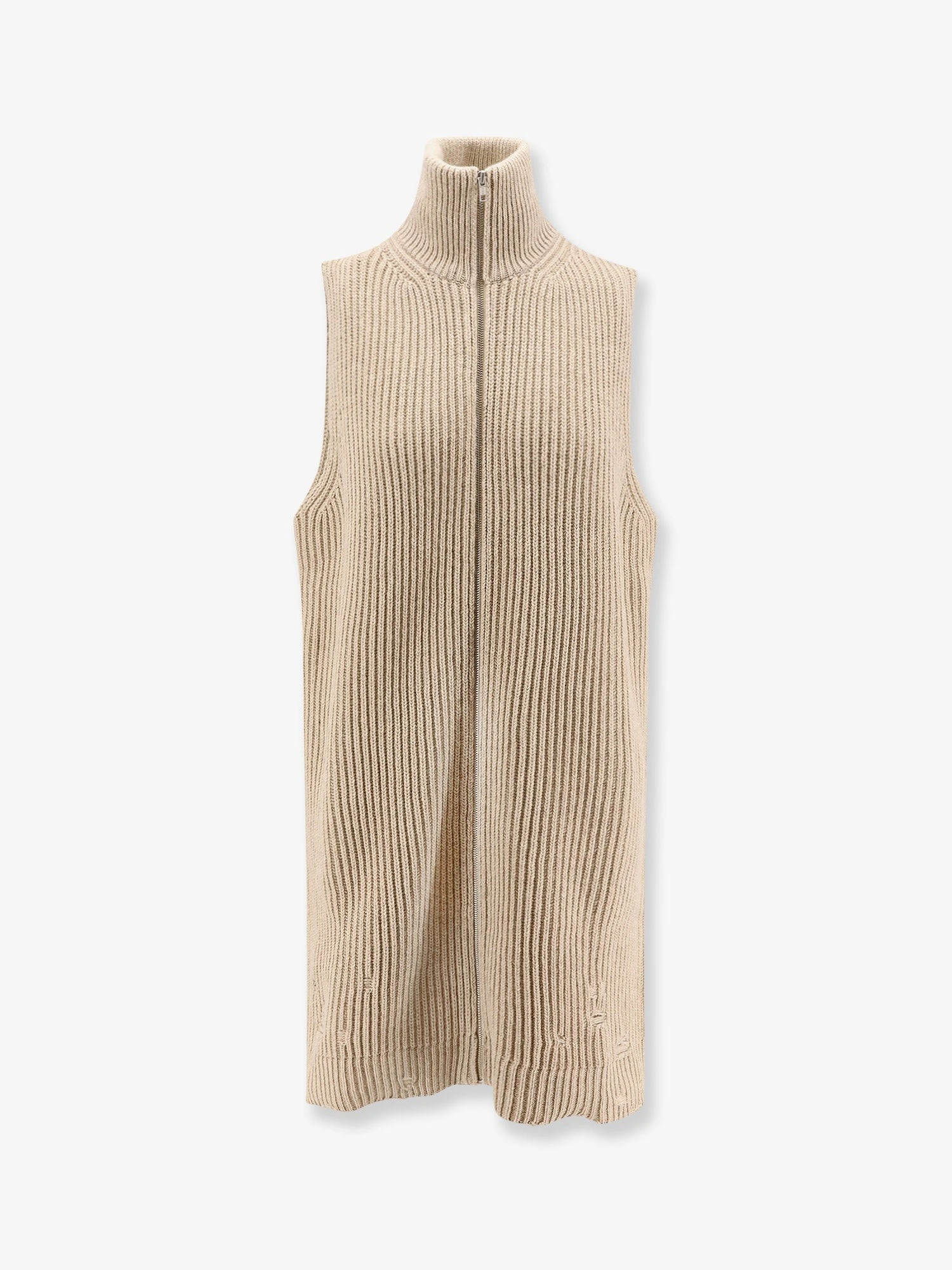 Sleeveless long wool blend cardigan with distressed effect.webp