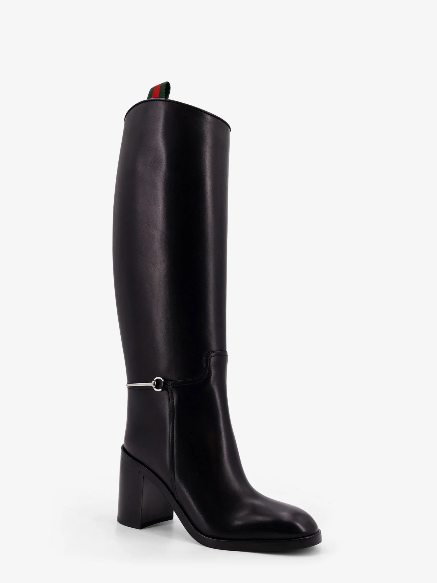 Leather boots with slim Horsebit detail.webp