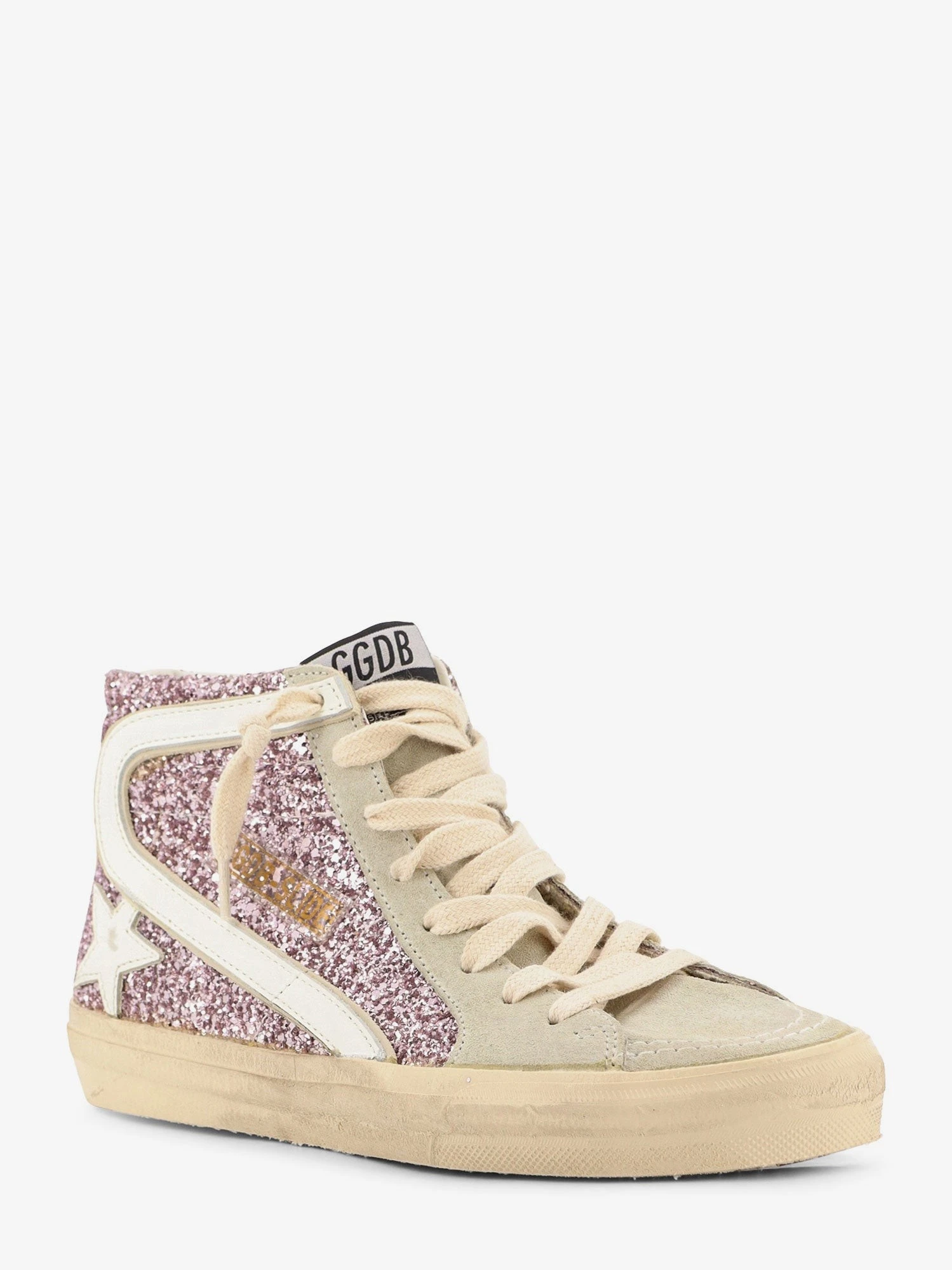 Leather sneakers with all-over glitter detail.webp