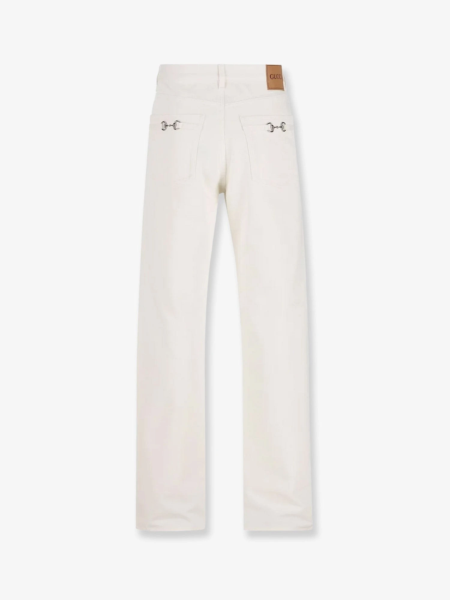 Denim trousers with metal Horsebit detail on the back.webp