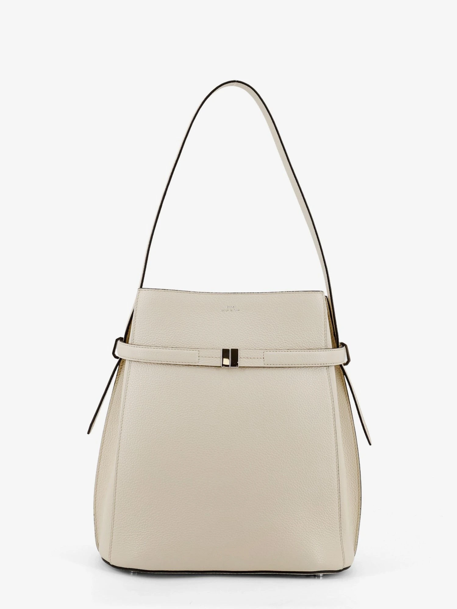 Hammered leather bucket bag with strap on the front.webp