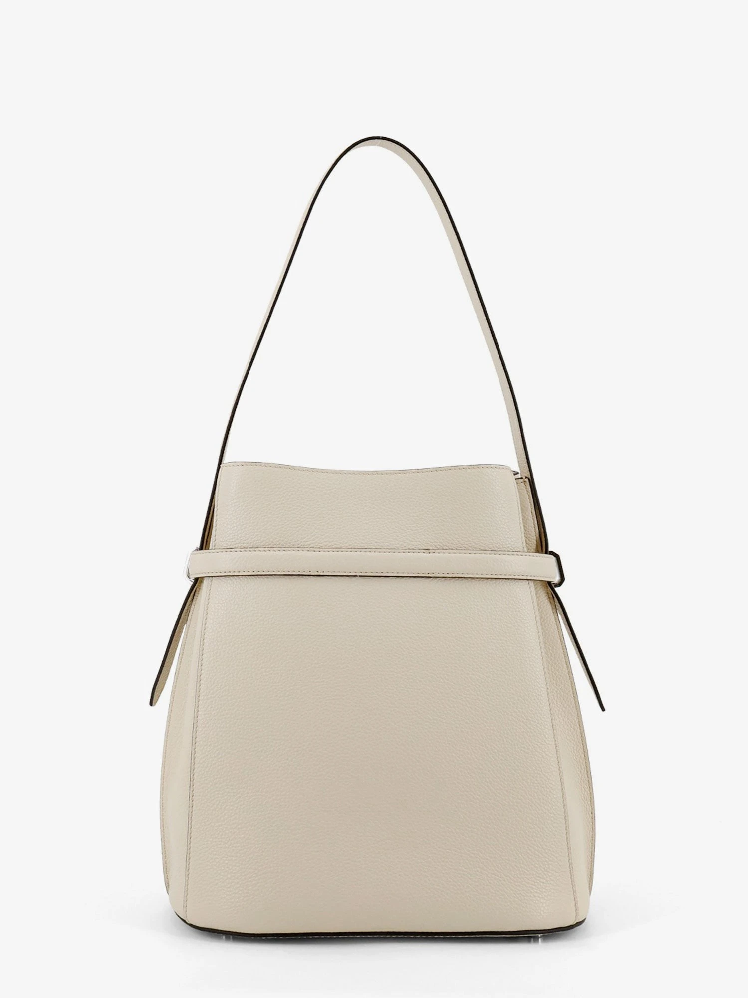 Hammered leather bucket bag with strap on the front.webp