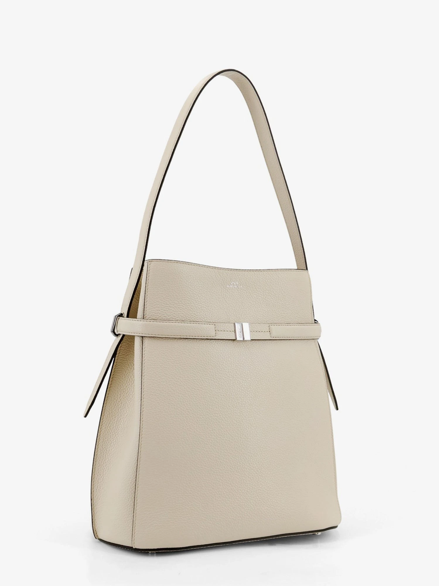 Hammered leather bucket bag with strap on the front.webp