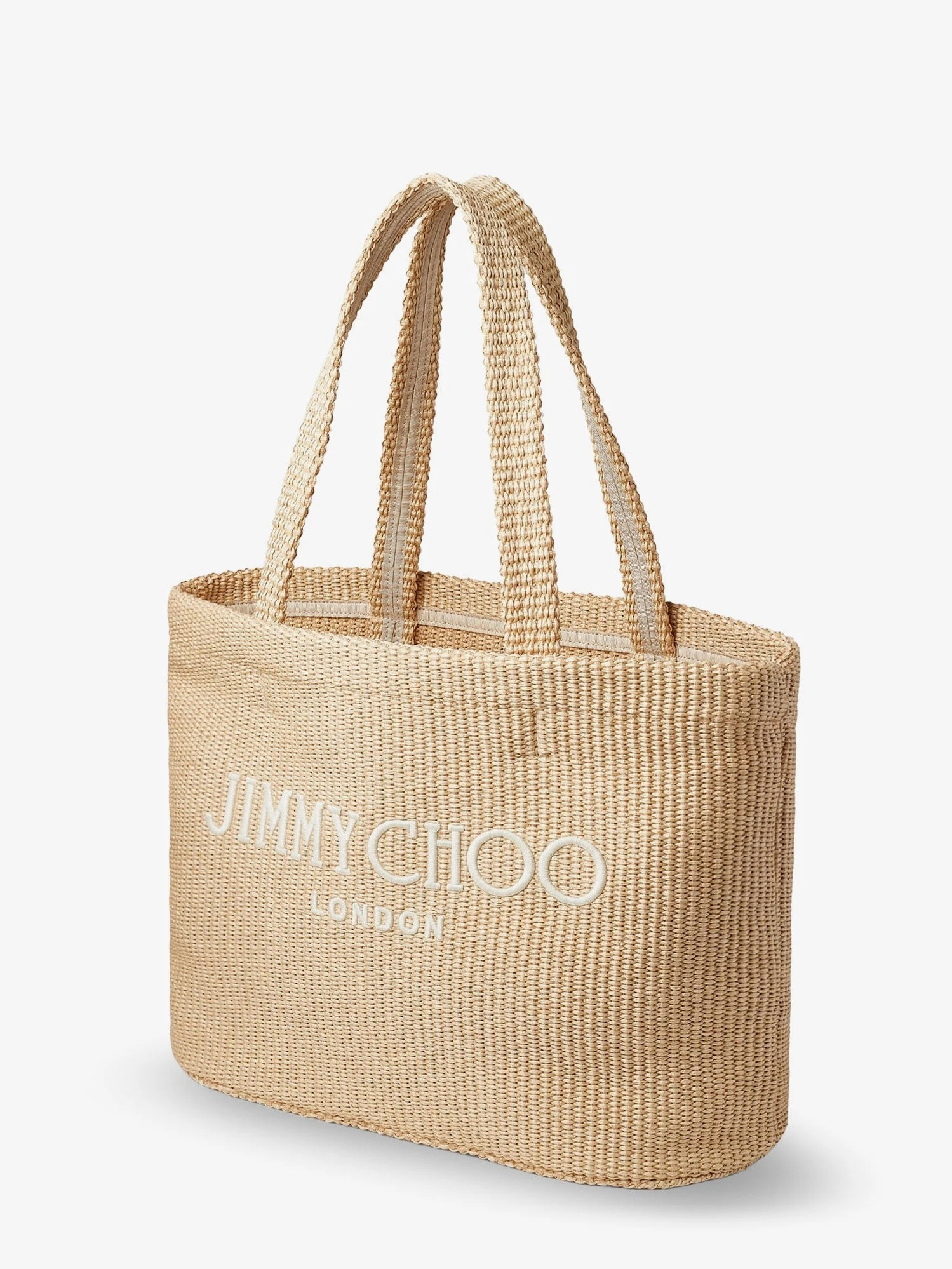 Raffia shopping bag with lettering logo on the front.webp