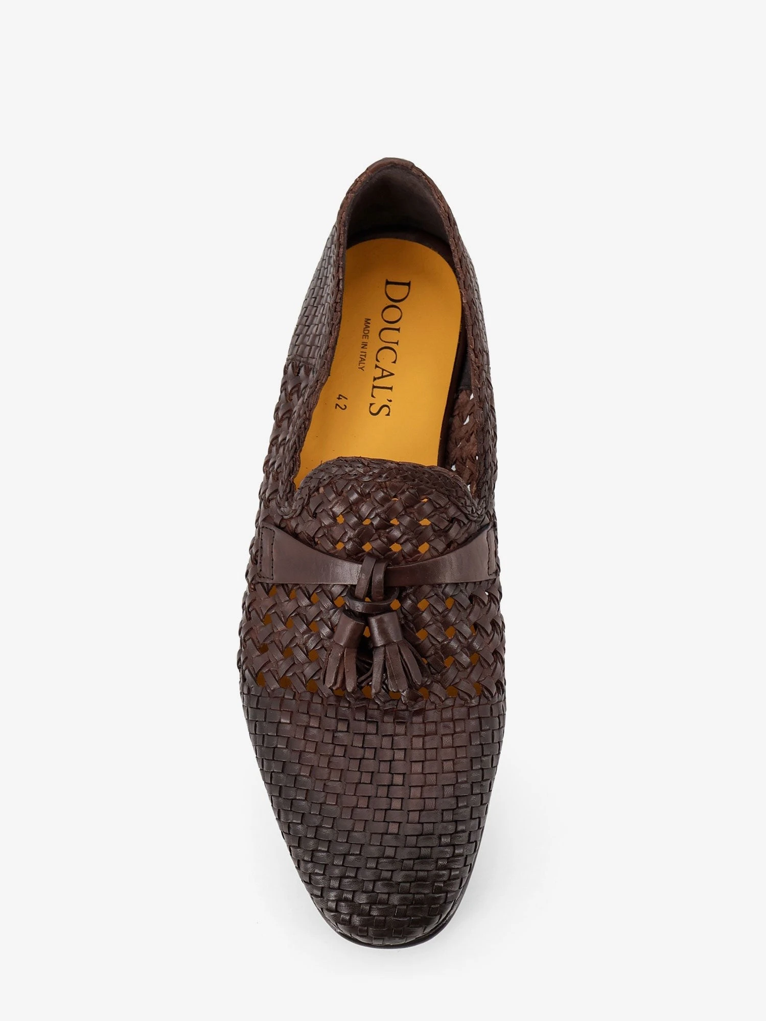 Unique leather loafers with woven detail.webp