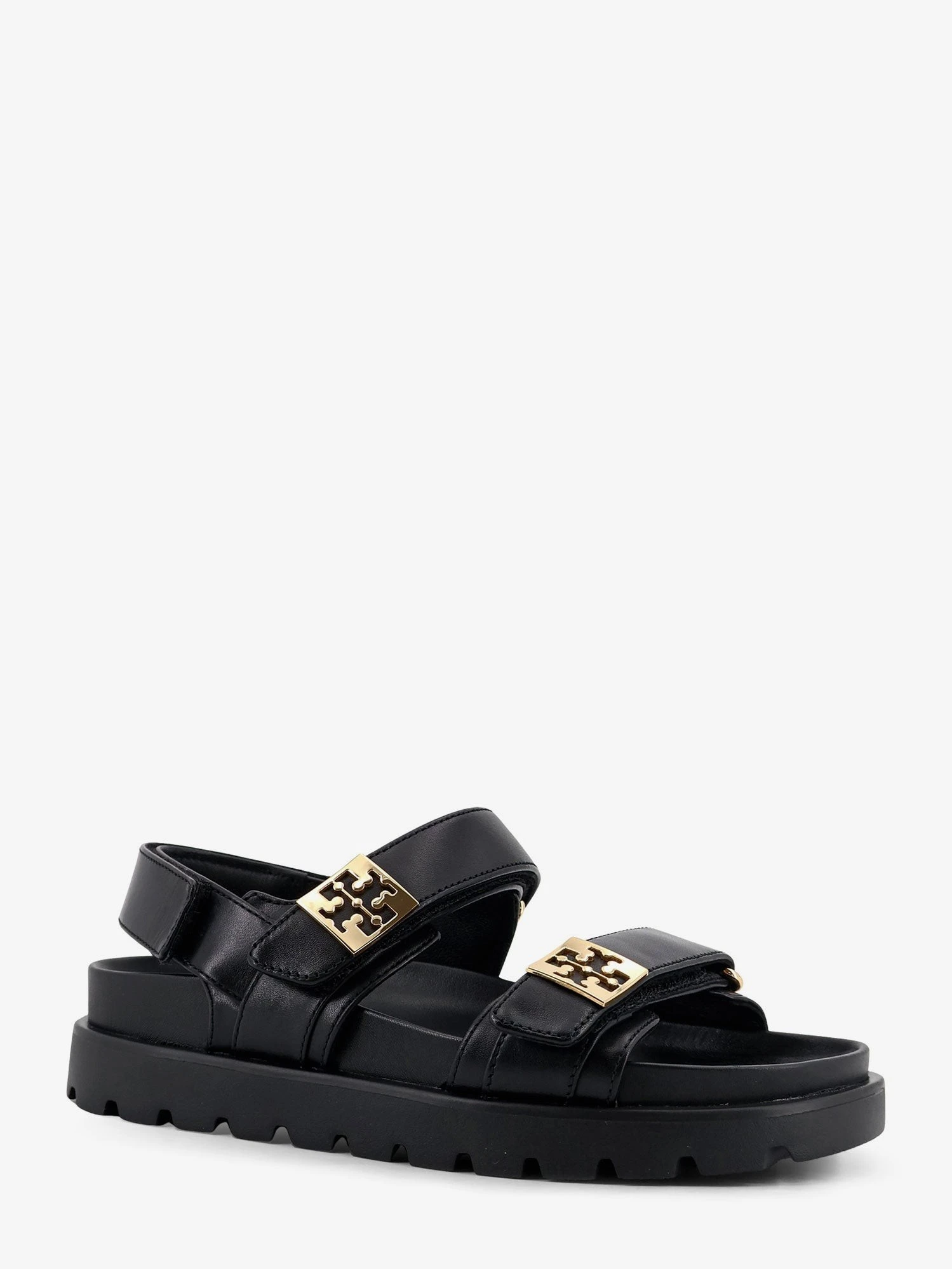 Mellow leather sandals with metal logo on the side.webp