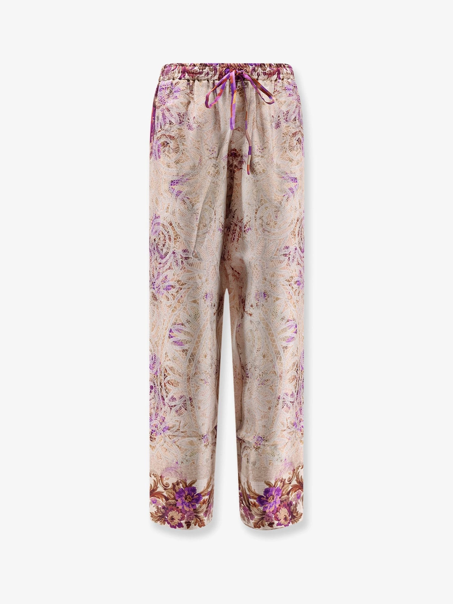 Silk trousers with mulitcolor print all-over.webp