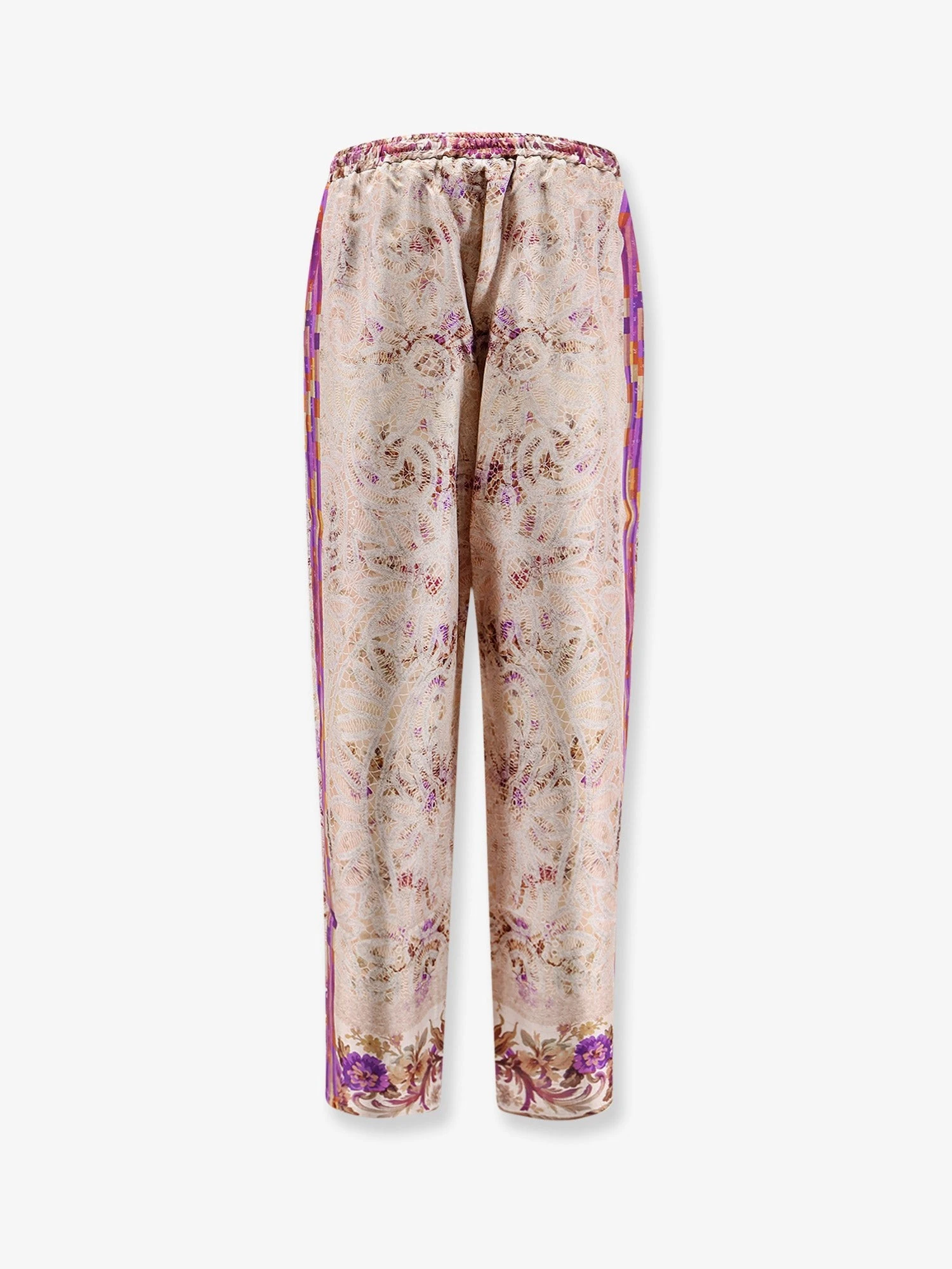 Silk trousers with mulitcolor print all-over.webp