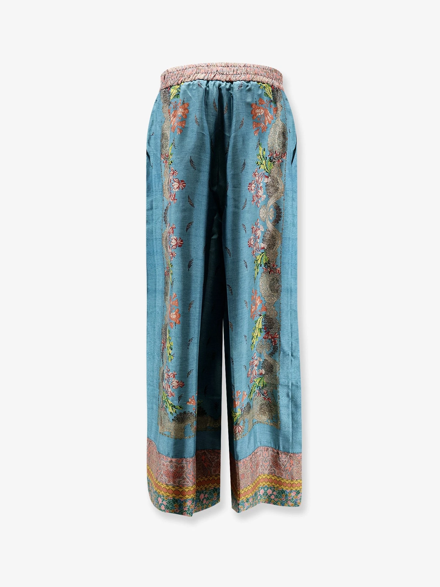 Silk trousers with multicolor print.webp