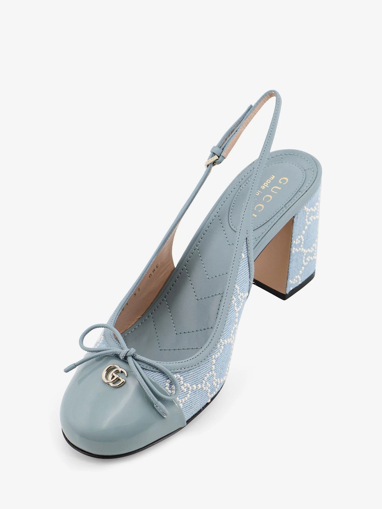 Denim pumps with all-over logo detail.webp