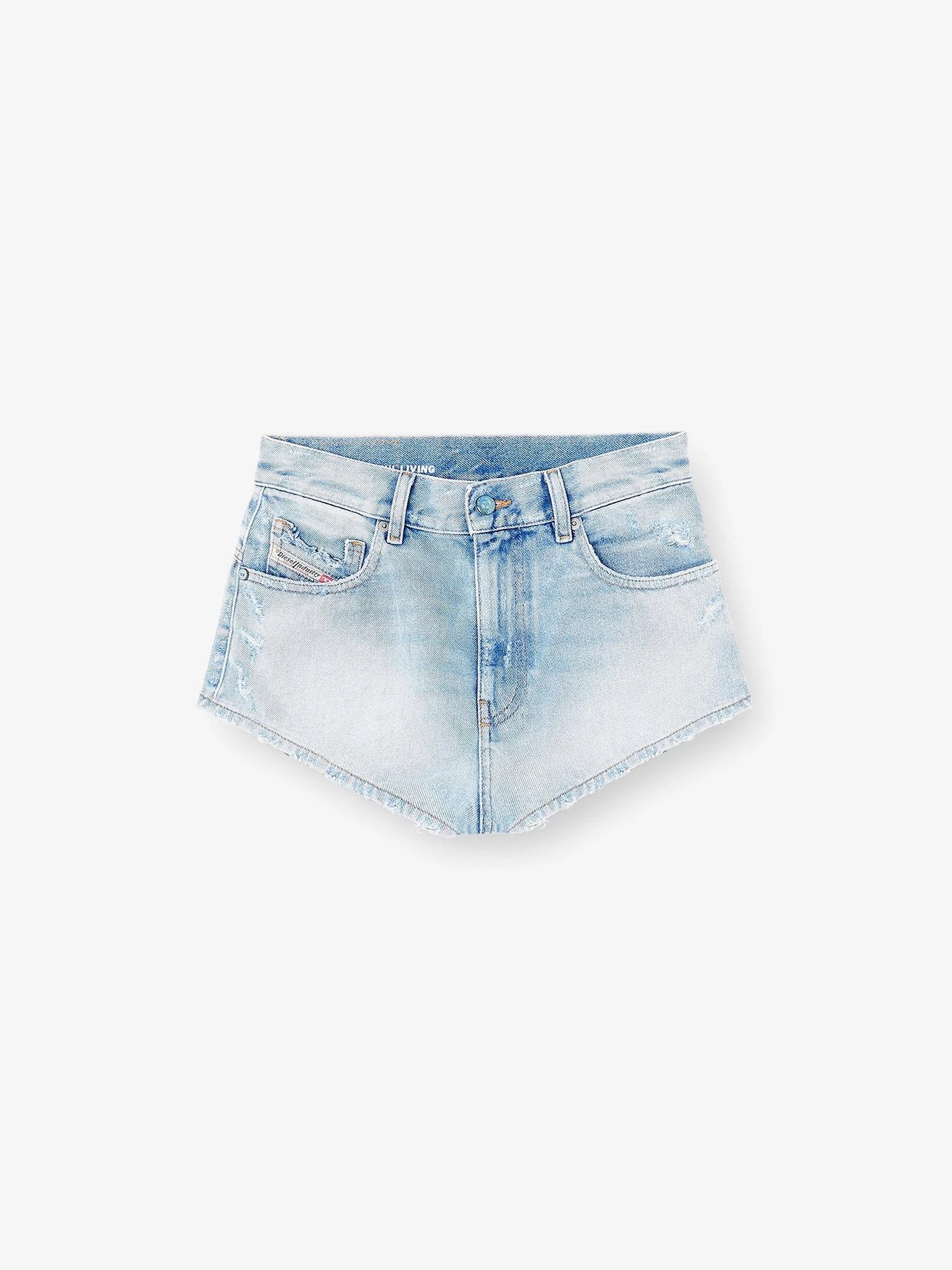 Blue denim shorts with destroyed effect.webp