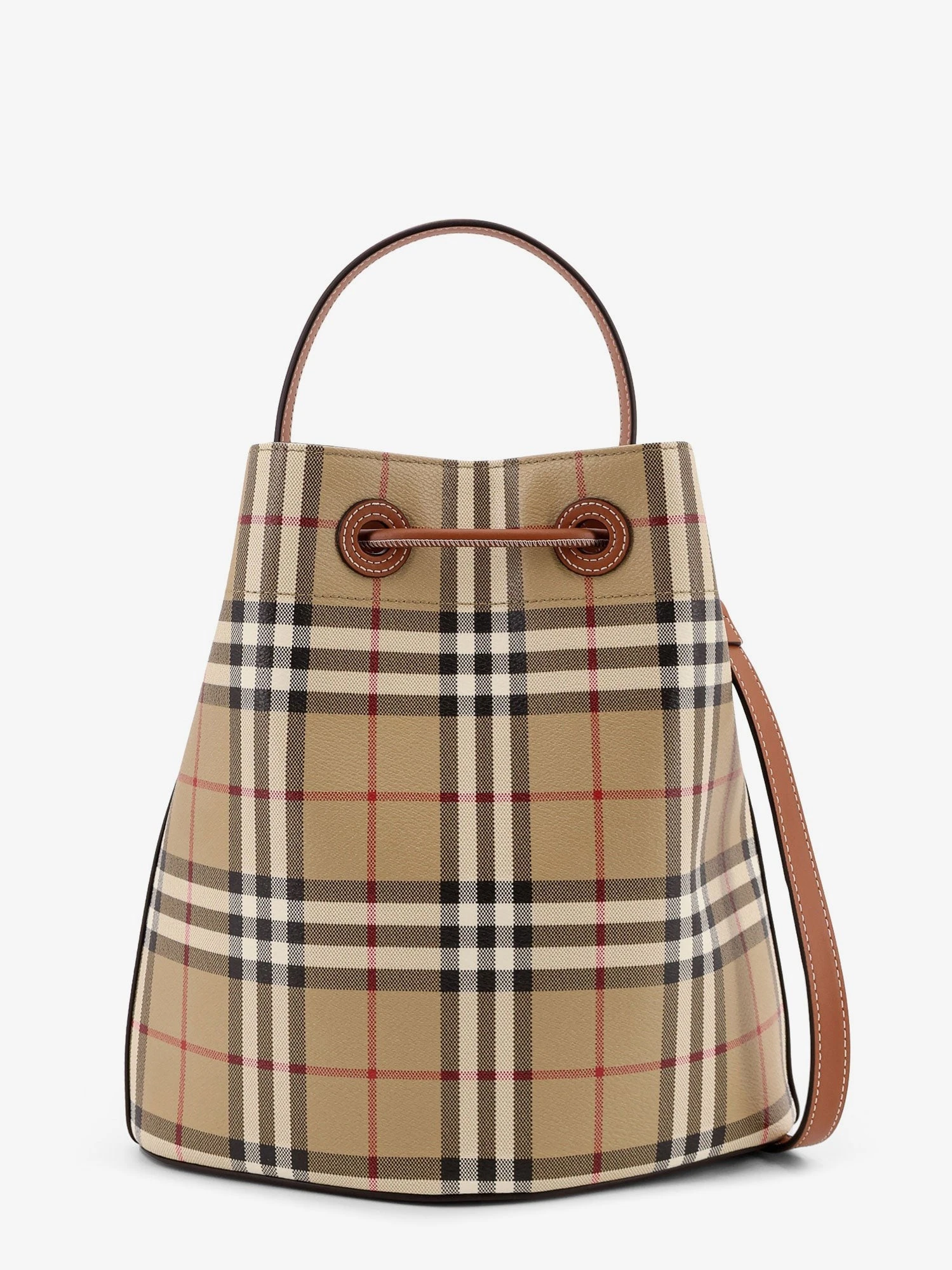 Coated canvas bucket bag with check pattern.webp