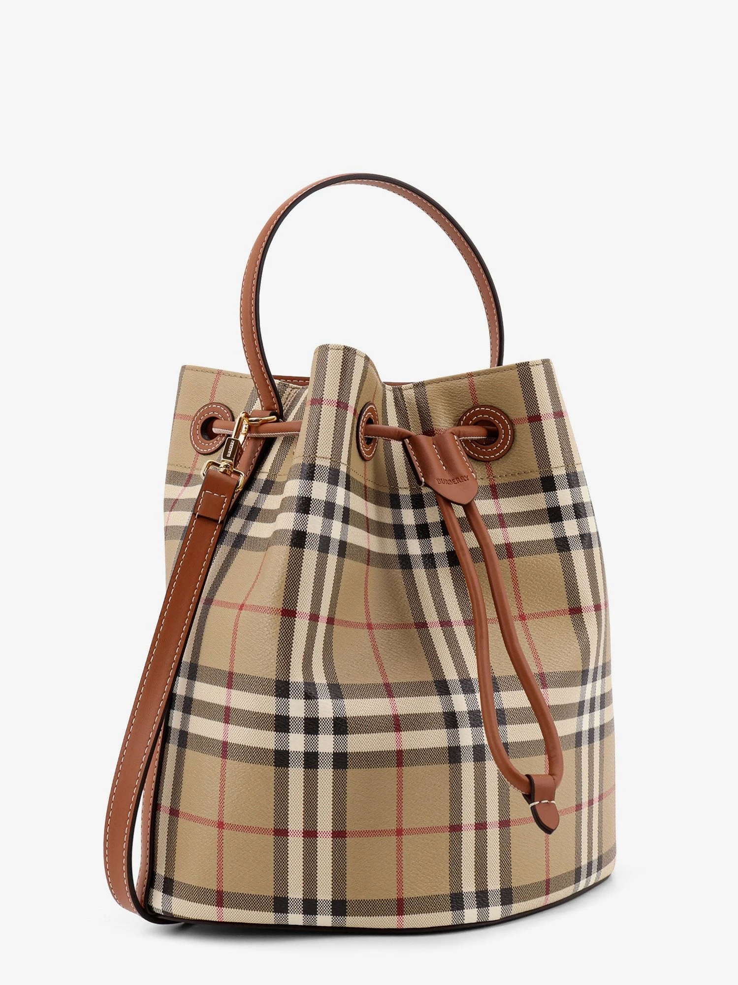 Coated canvas bucket bag with check pattern.webp