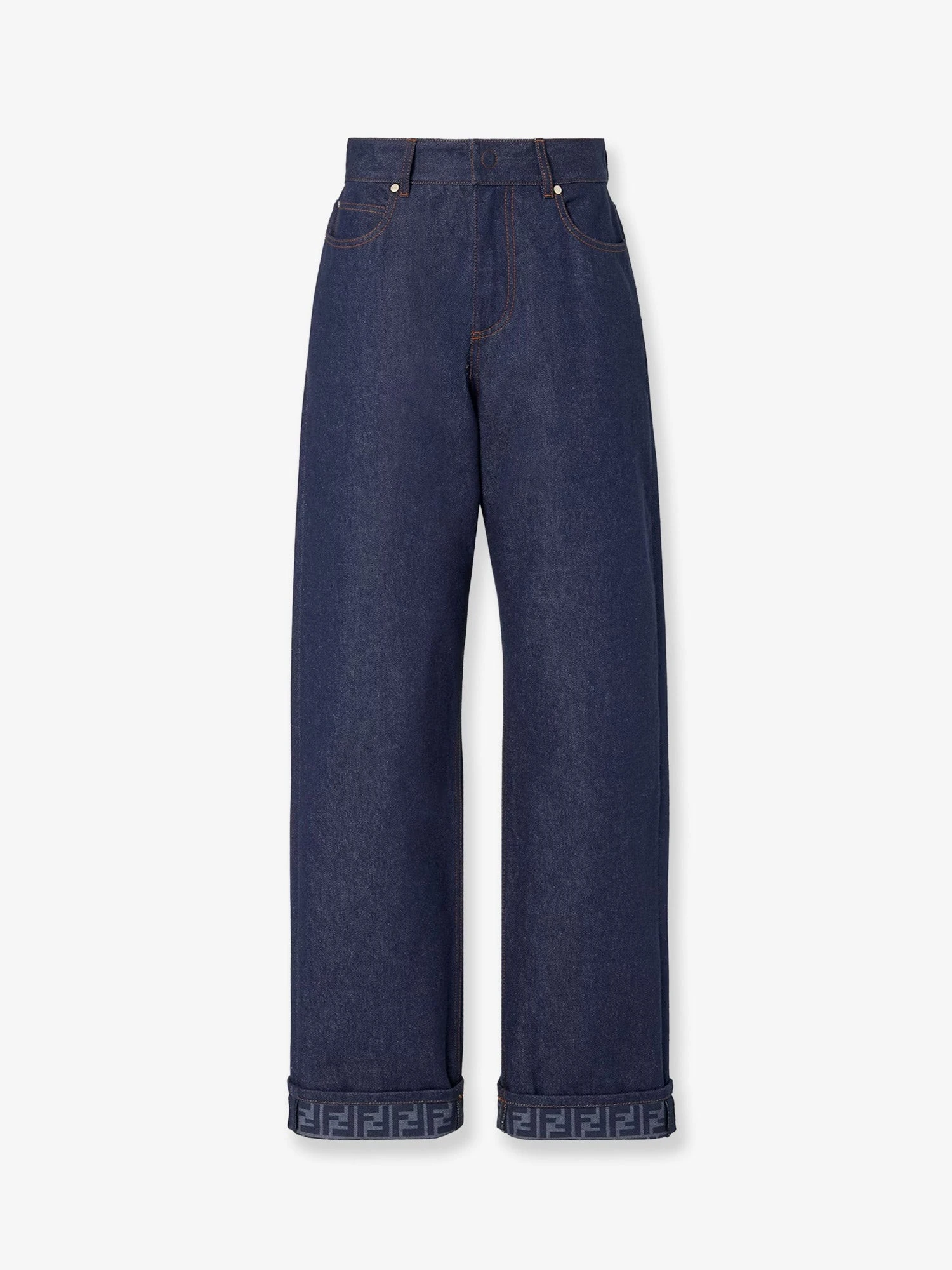 Blue denim jeans with FF detail on the bottom.webp