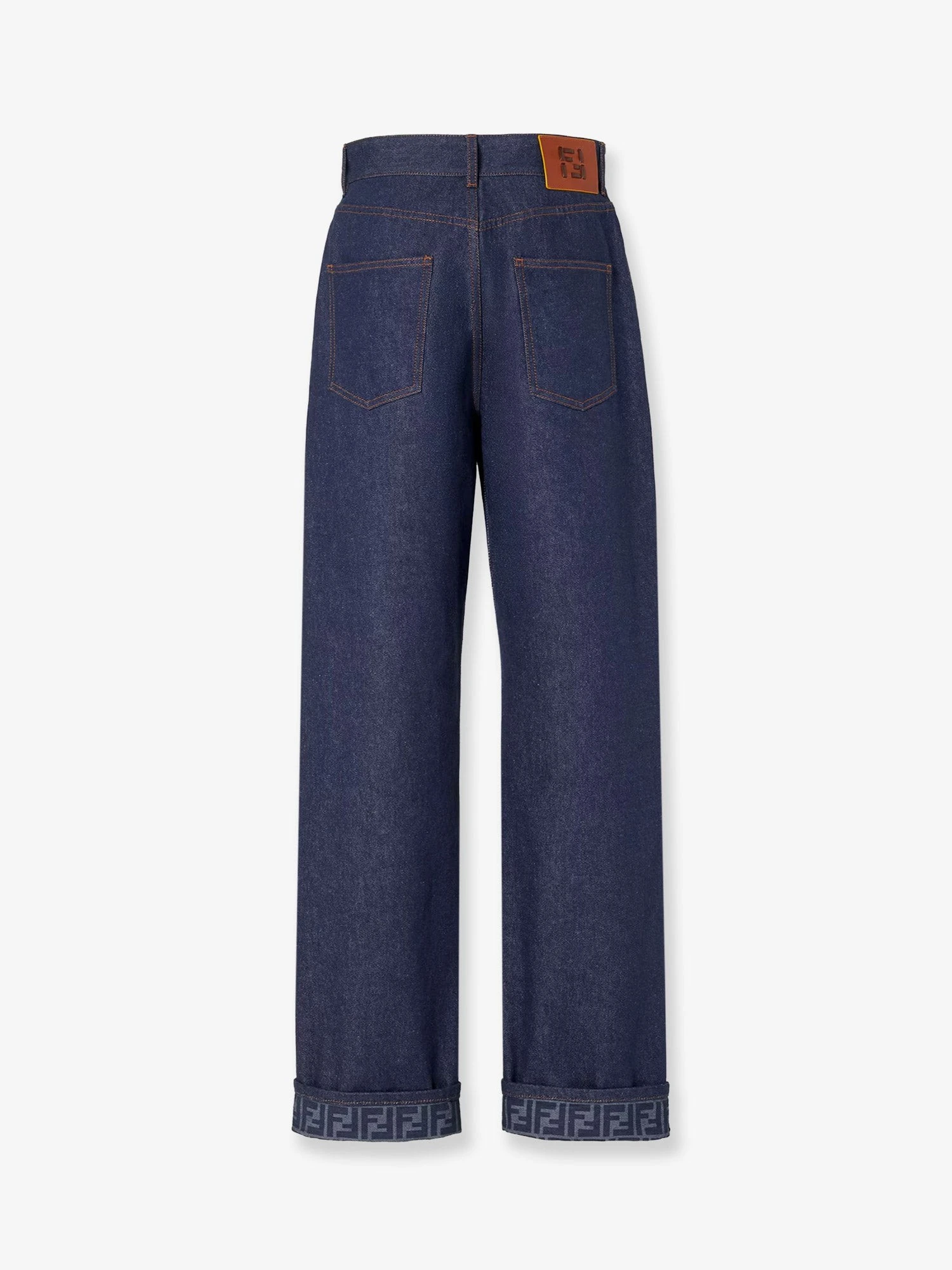 Blue denim jeans with FF detail on the bottom.webp