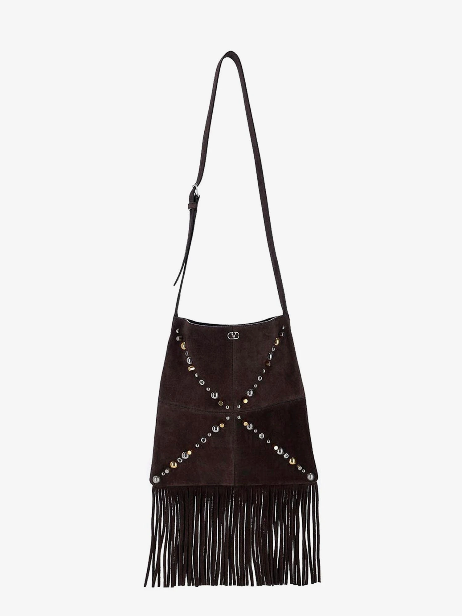 Suede shoulder bag with fringes and metal details.webp