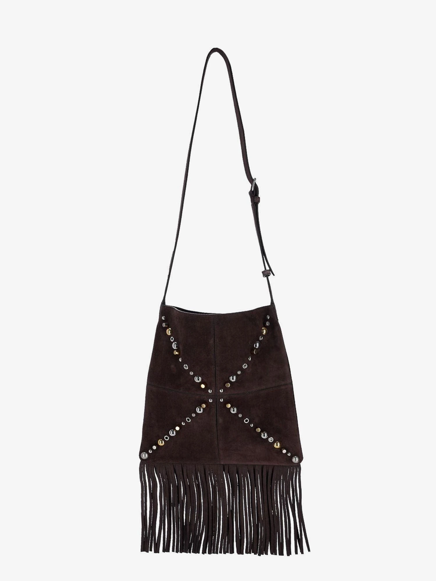 Suede shoulder bag with fringes and metal details.webp