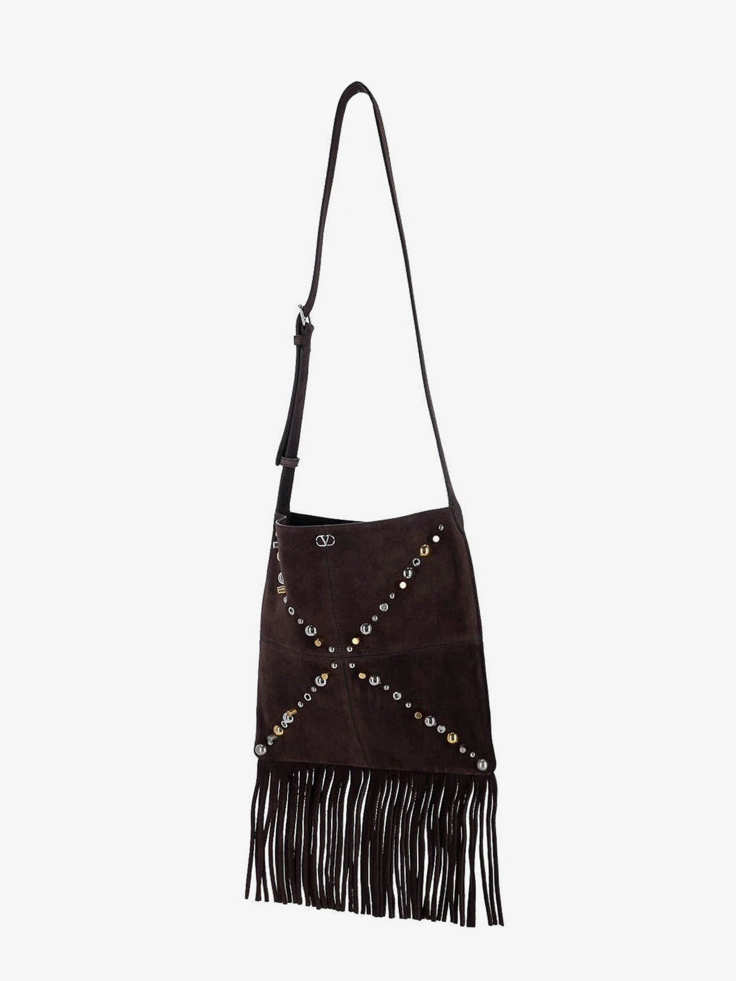 Suede shoulder bag with fringes and metal details.webp