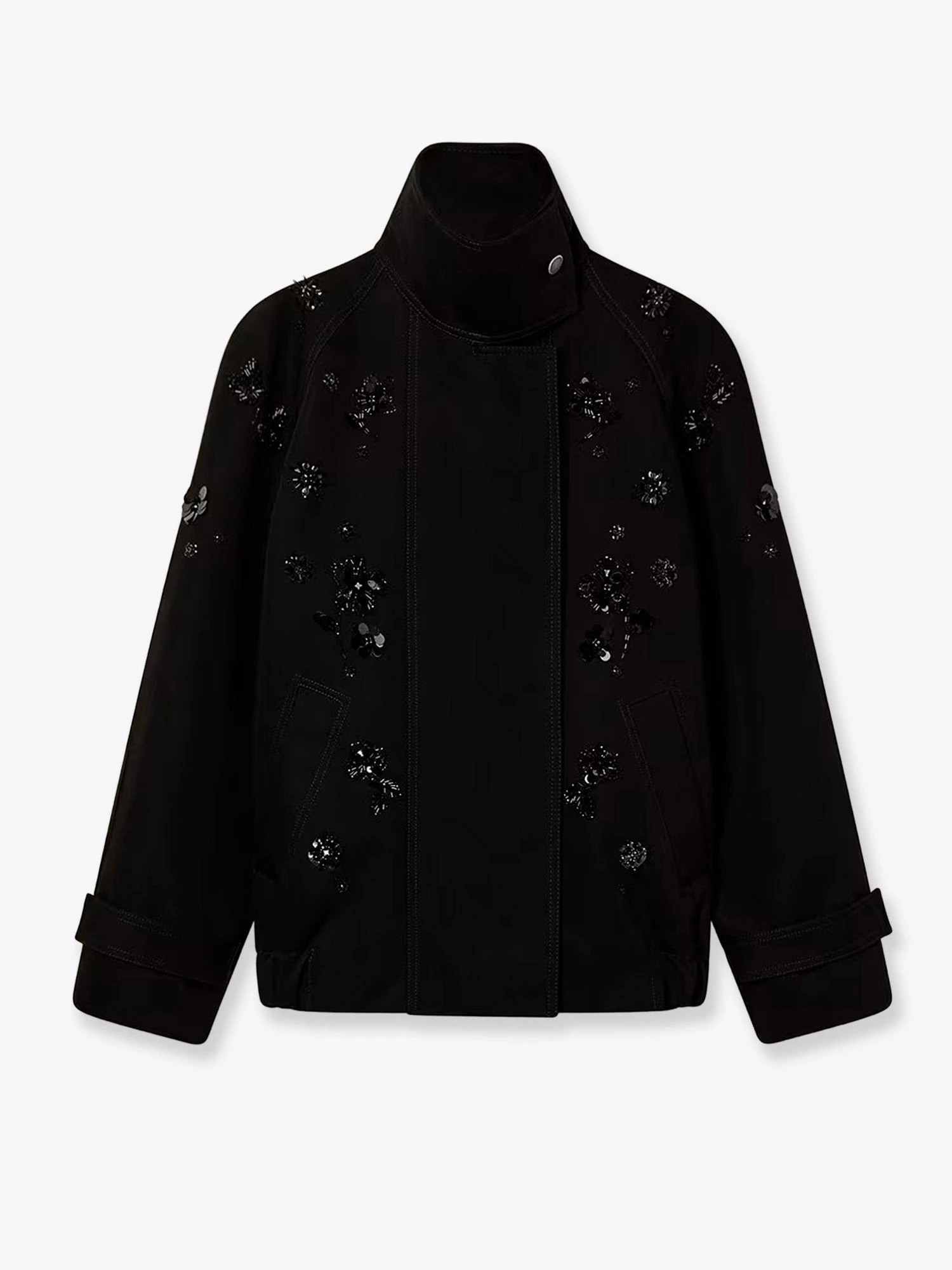 Black denim jacket with floral details in sequins and crystals.webp