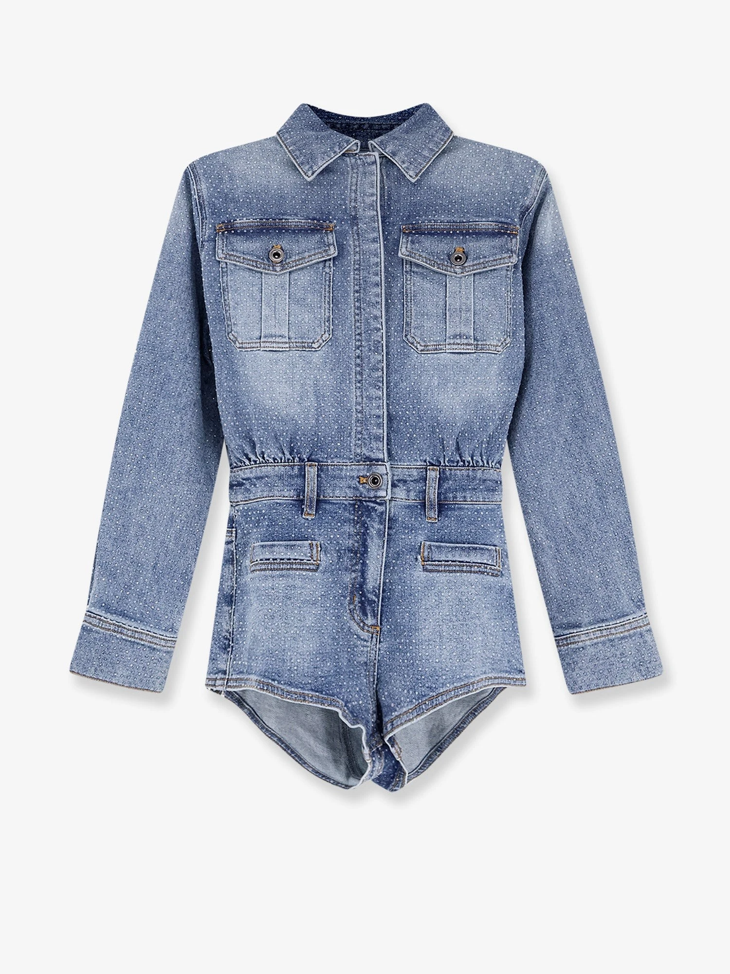 Denim jumpsuit with rhinestones.webp