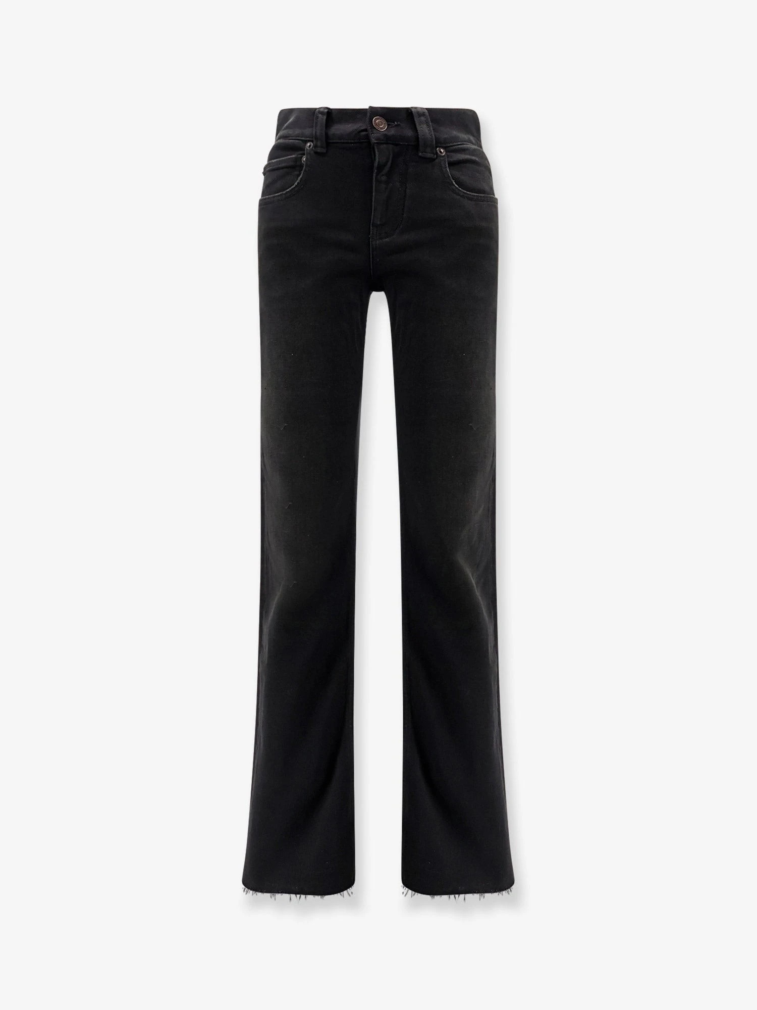 Denim trousers with frayed edges.webp