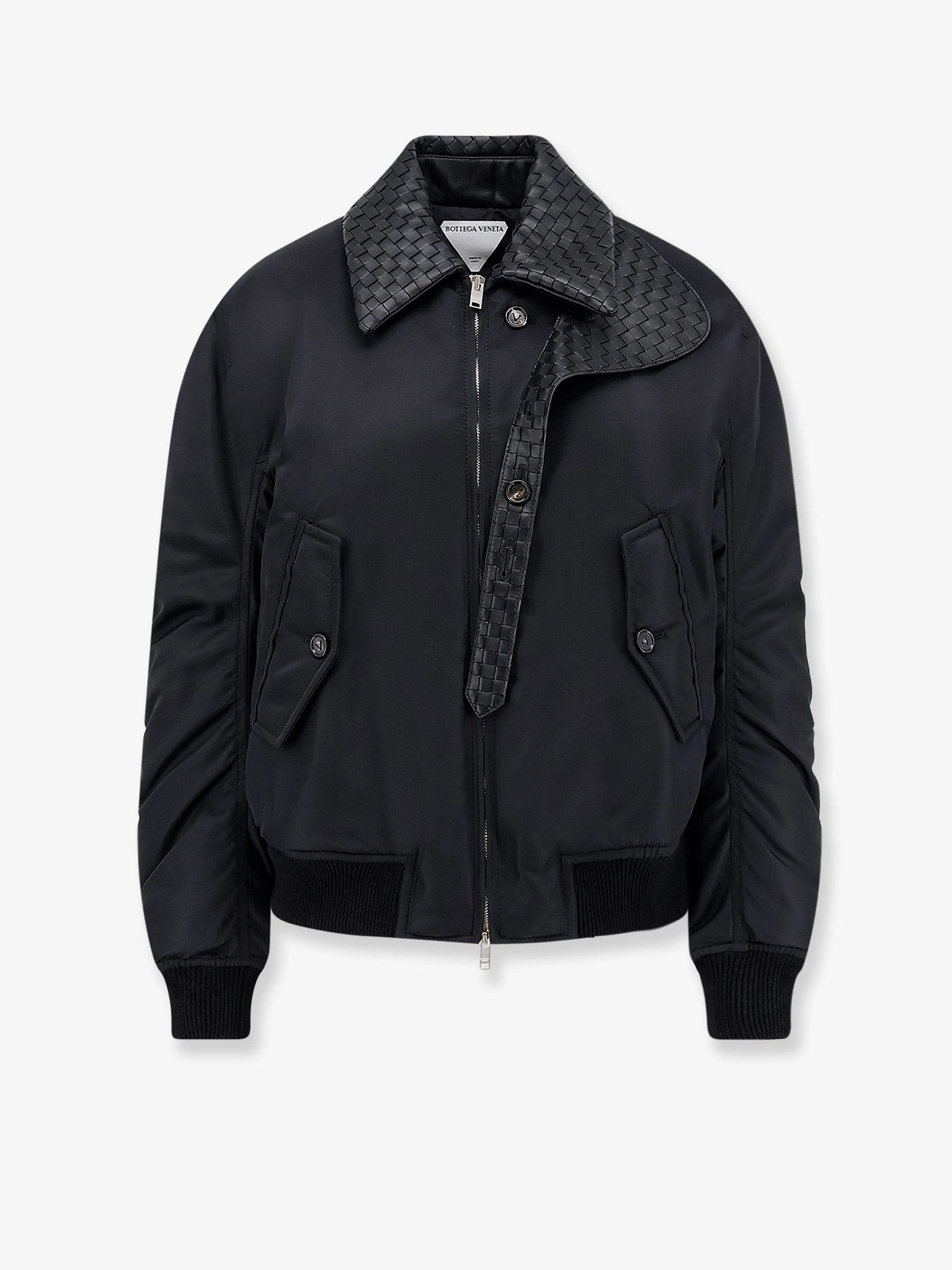 Nylon jacket with Intrecciato leather collar.webp