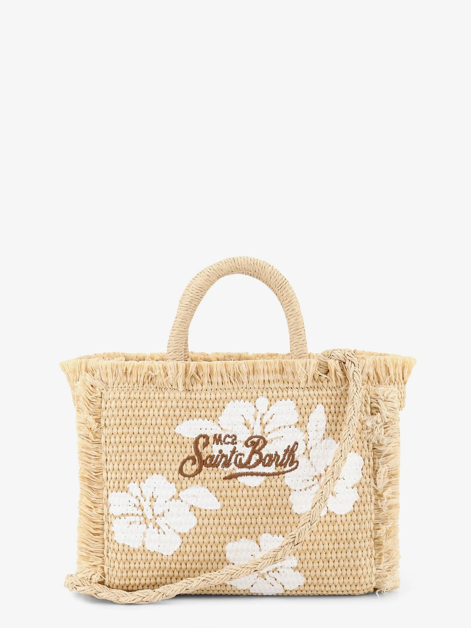 Vanity shoulder bag in raffia with embroidered logo on the front.webp