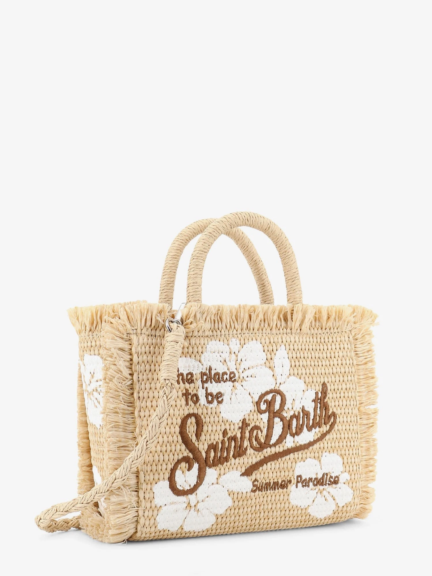 Vanity shoulder bag in raffia with embroidered logo on the front.webp