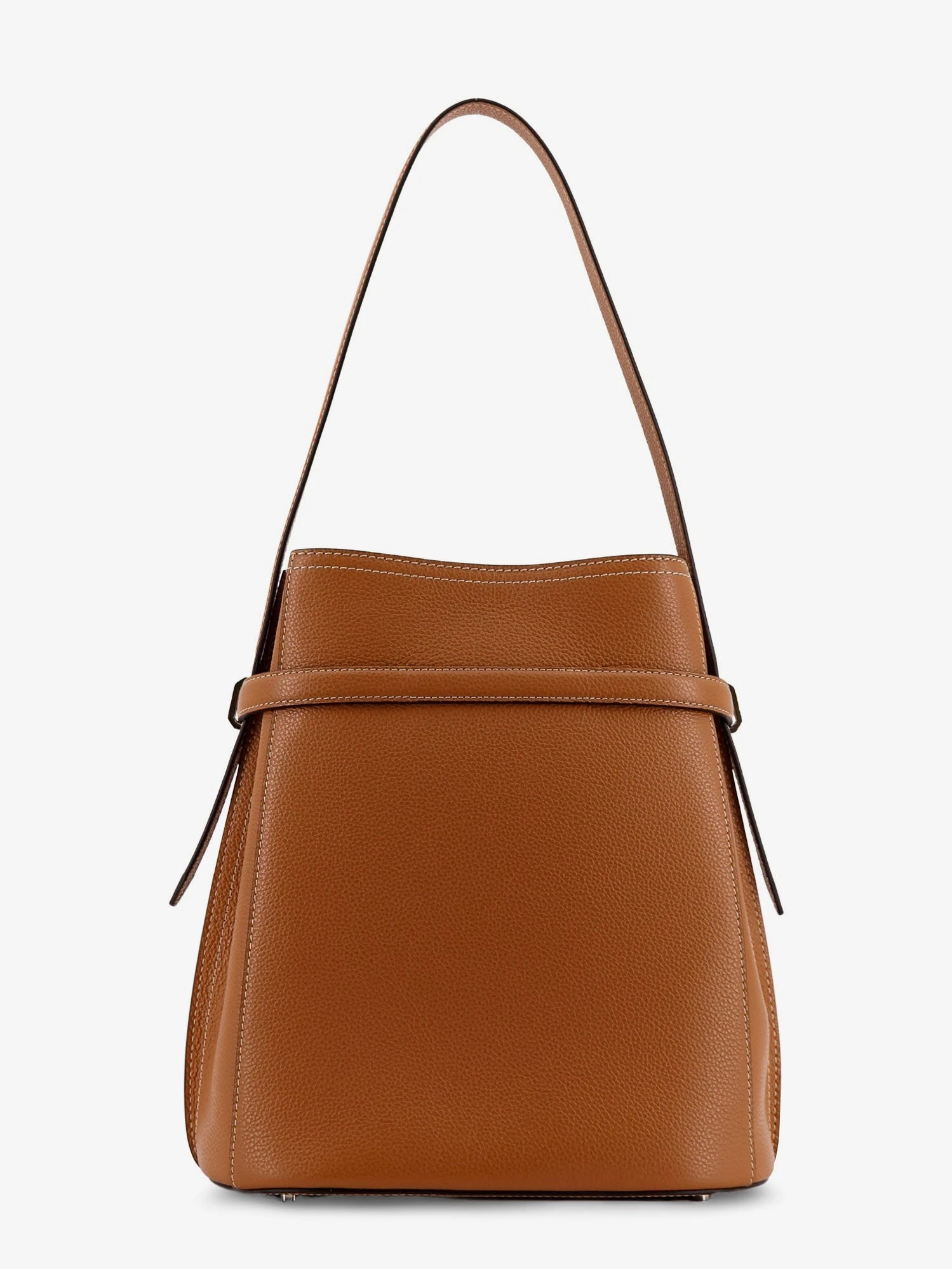 Textured leather bucket bag with frontal strap.webp