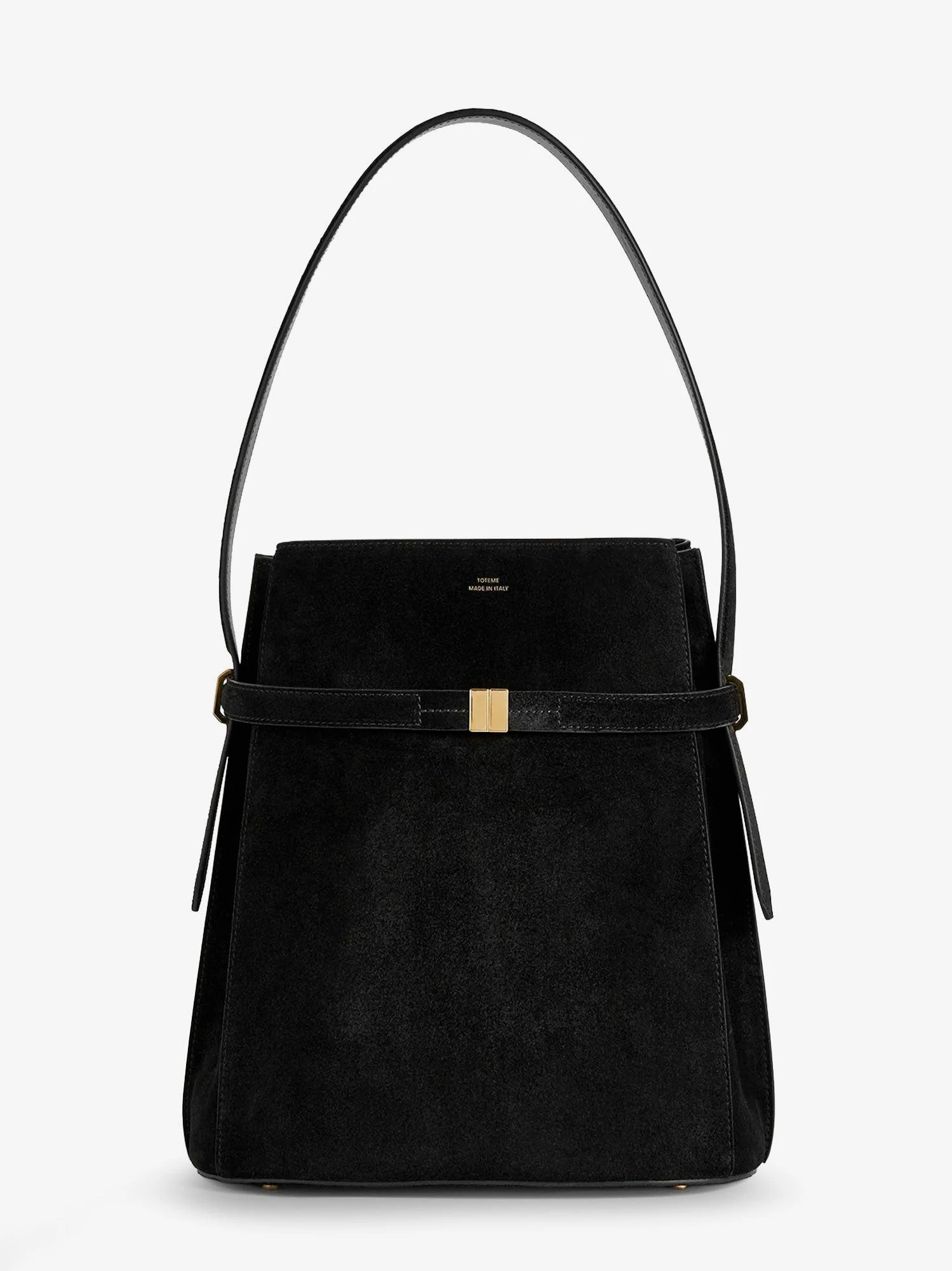 Belted suede bucket bag.webp