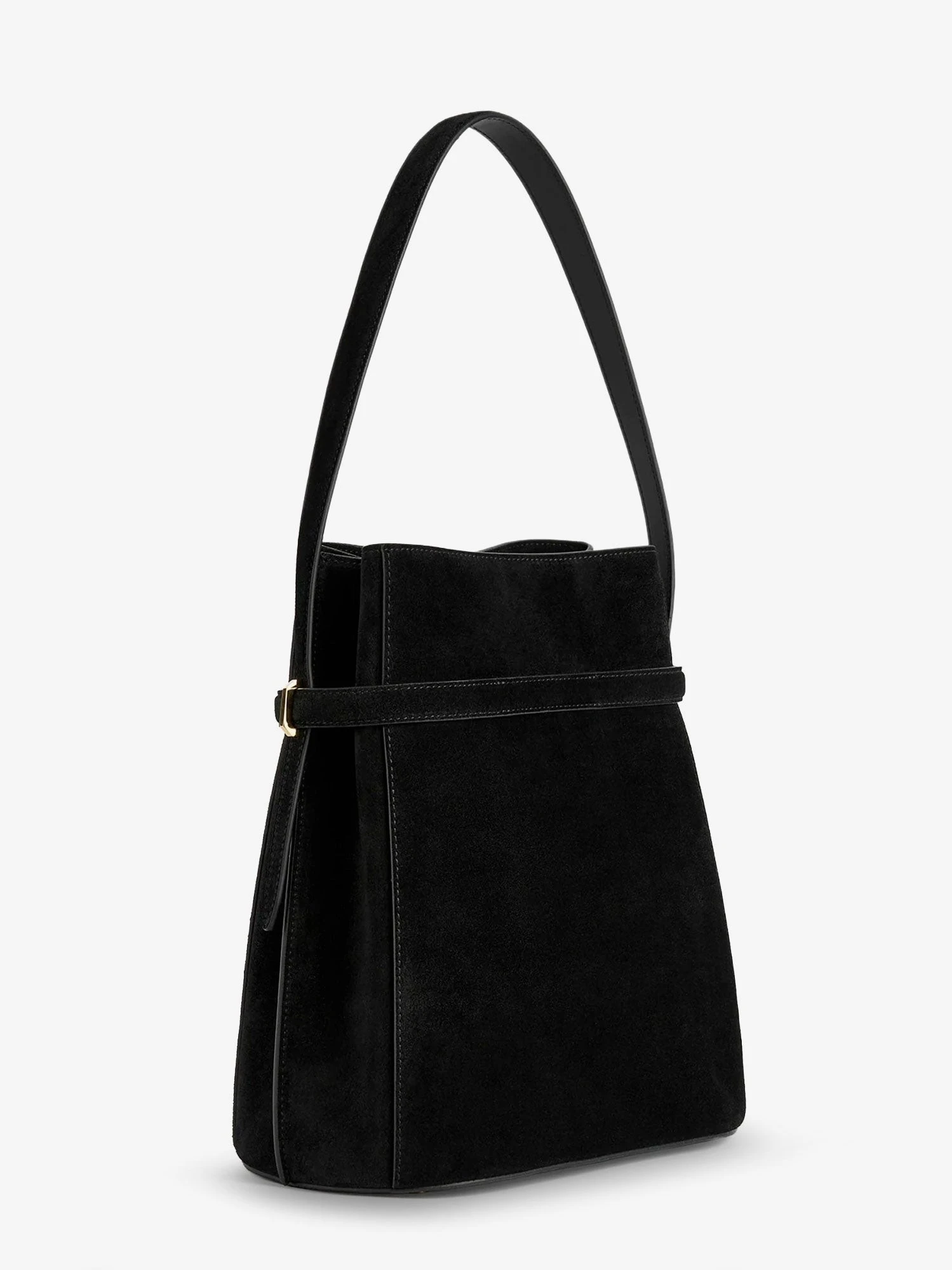 Belted suede bucket bag.webp