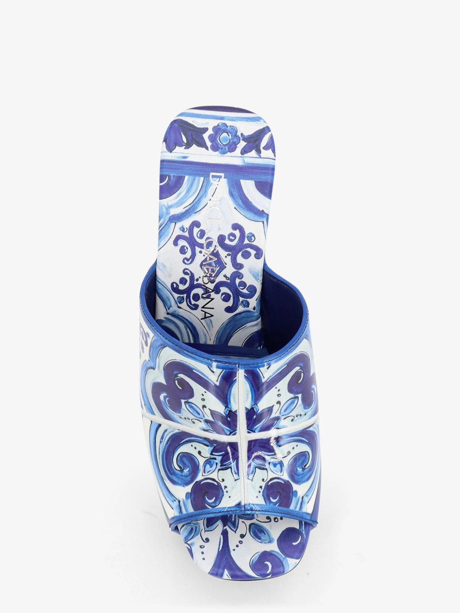 Maiolica print shiny leather sandals.webp
