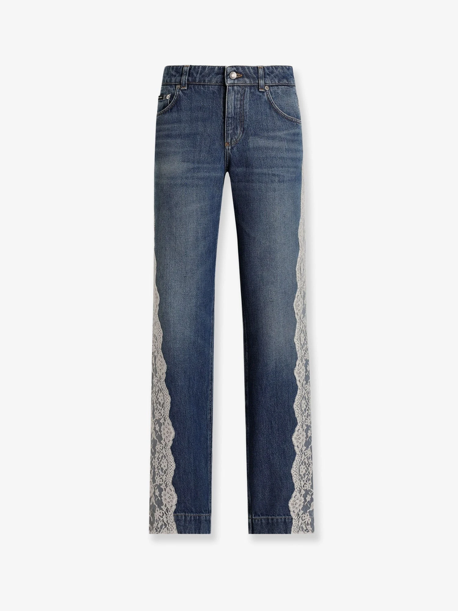 Blue denim jeans with lace profiles.webp
