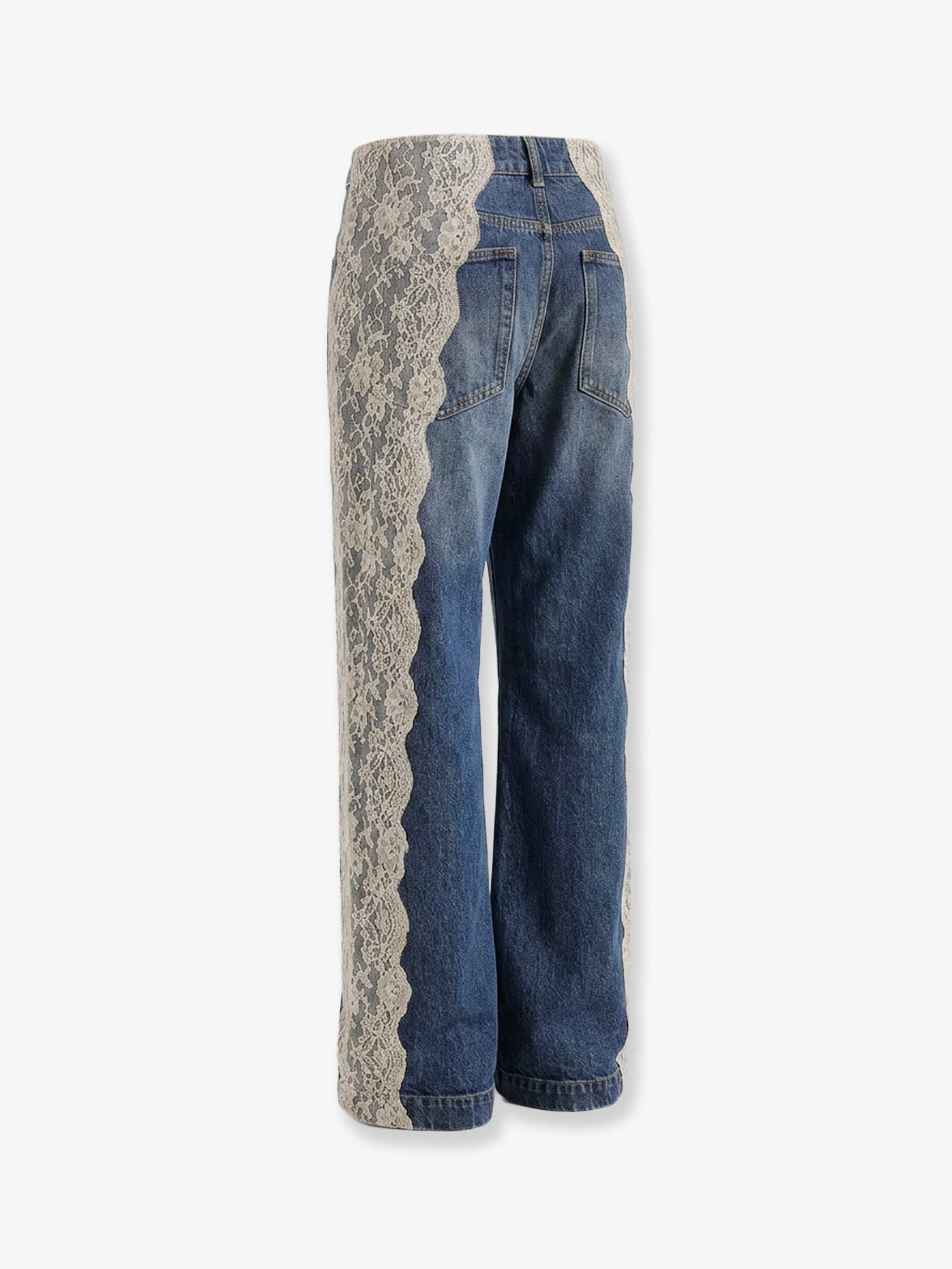 Blue denim jeans with lace profiles.webp