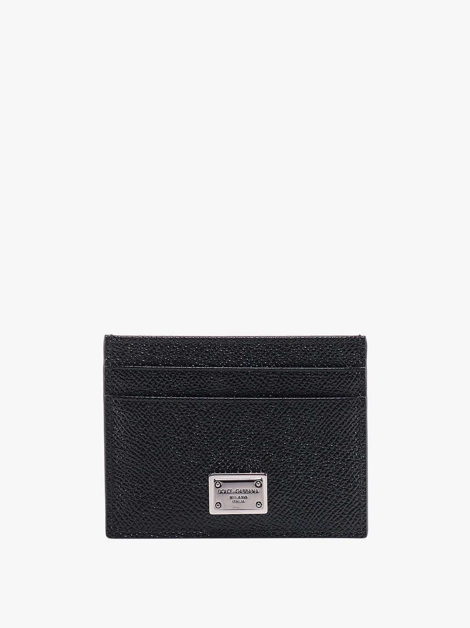 Leather card holder with metal logo tag.webp