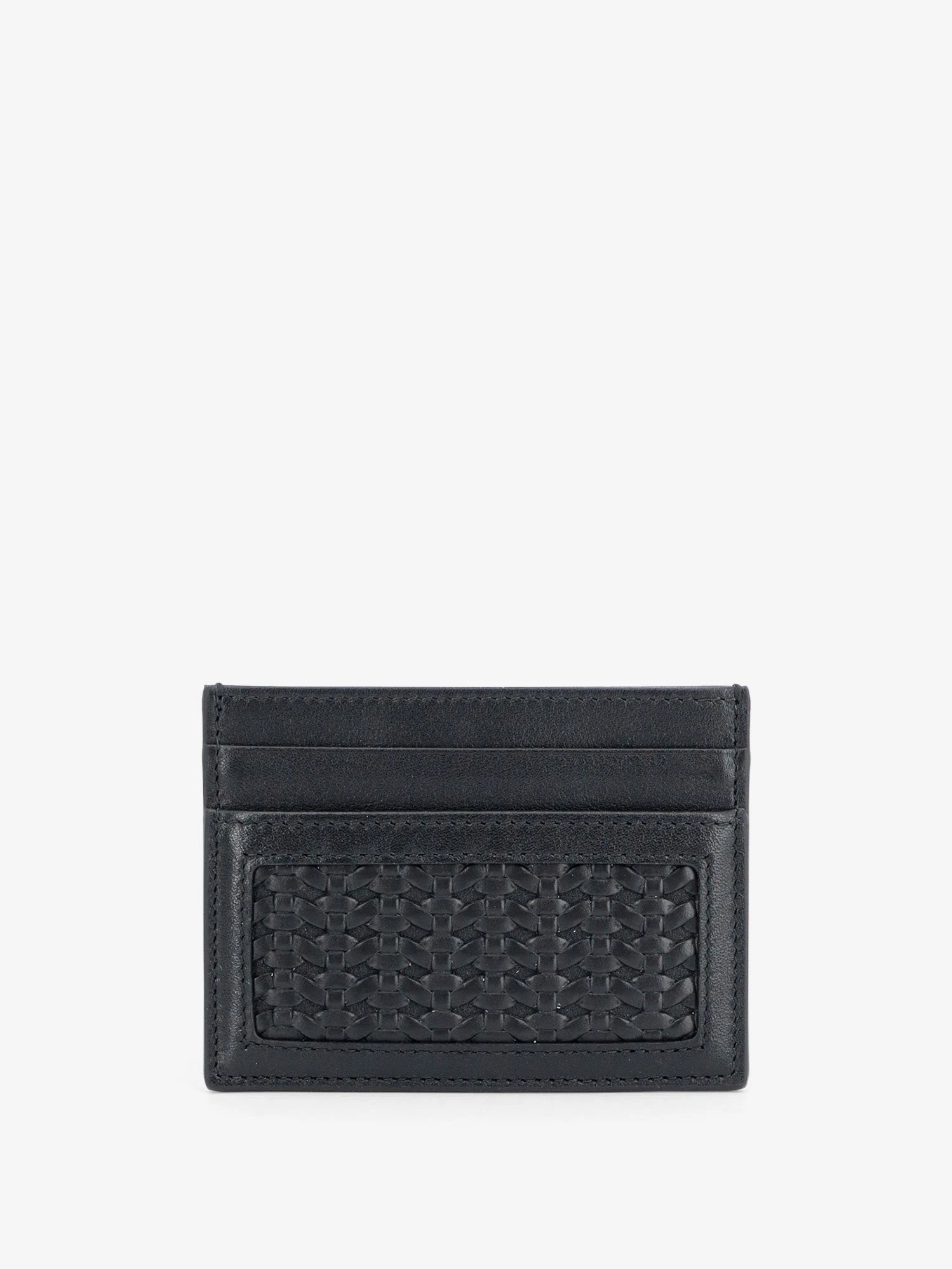 Leather card holder with woven pattern.webp