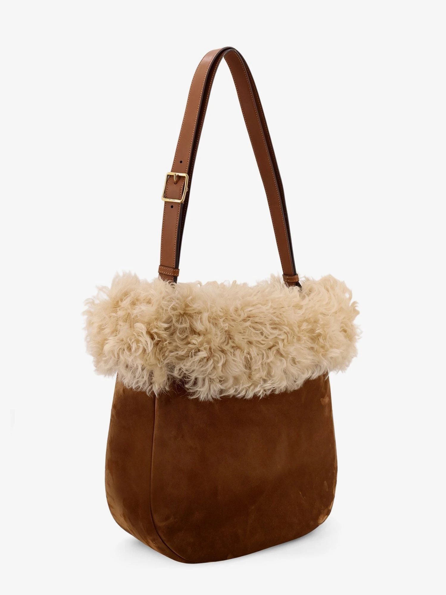 Suede shoulder bag with shearling profile.webp