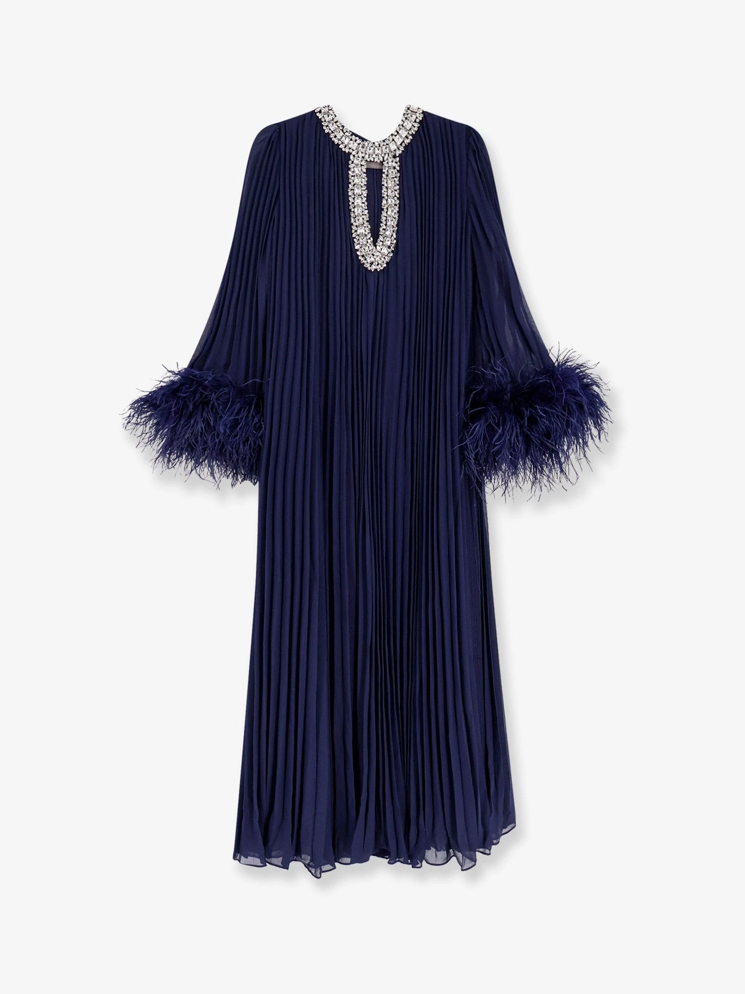 Chiffon long dress with ostrich feathers.webp