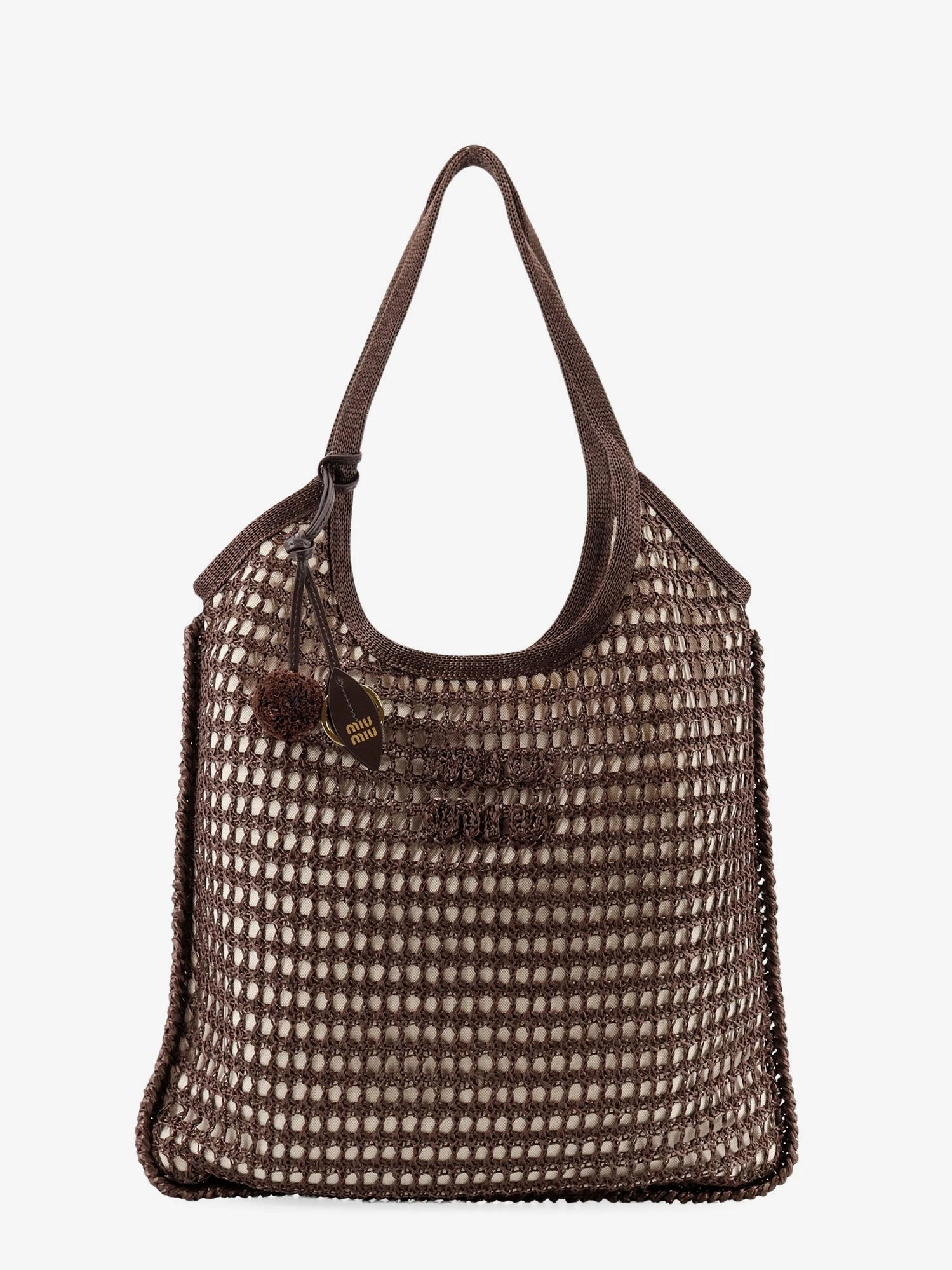 Crochet mesh shopping bag with tone-on-tone logo on the front.webp
