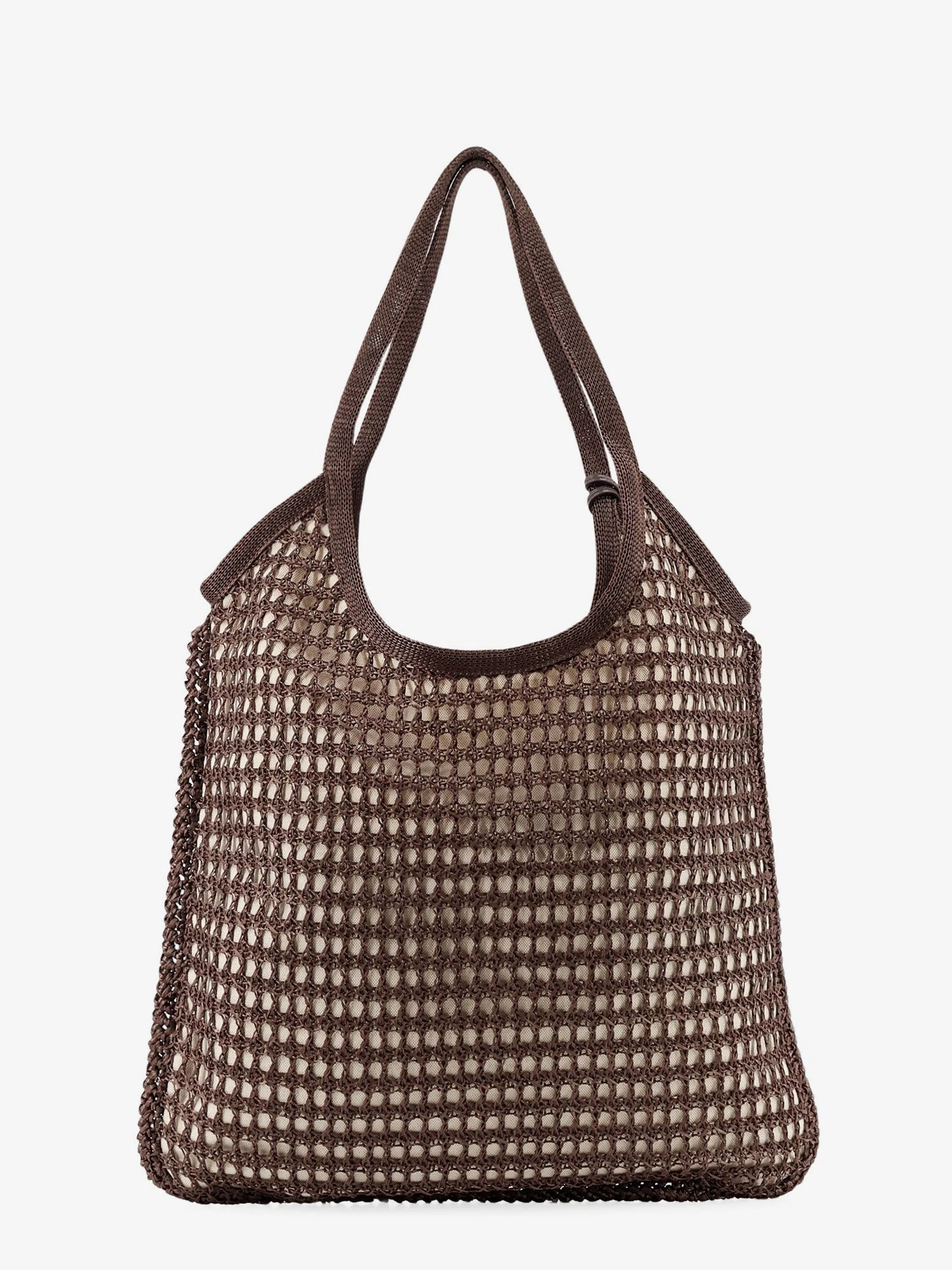 Crochet mesh shopping bag with tone-on-tone logo on the front.webp