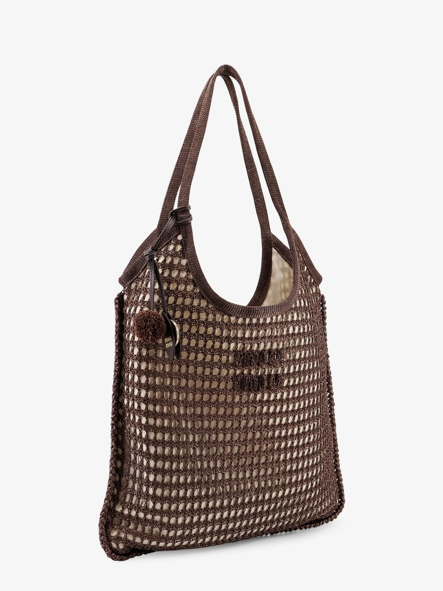 Crochet mesh shopping bag with tone-on-tone logo on the front.webp