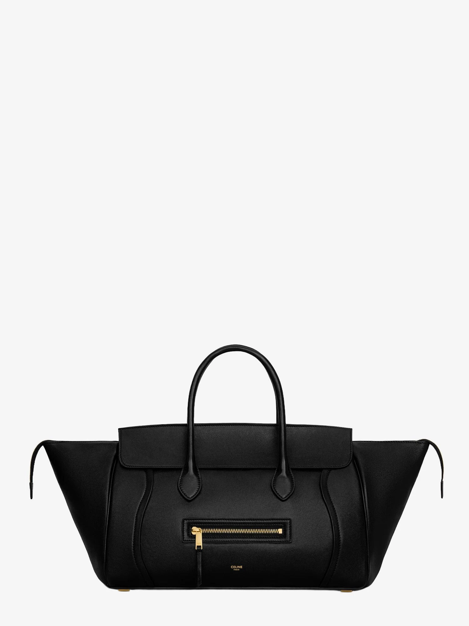 Luggage leather handbag with logo lettering on the front.webp
