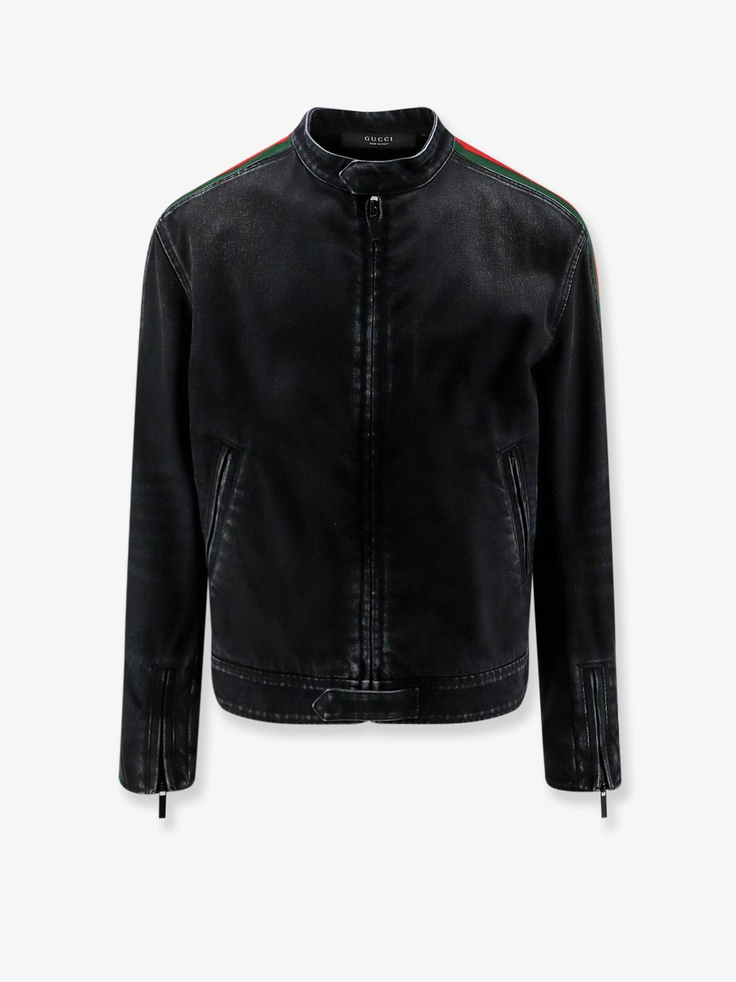 Black denim jacket certified cotton jacket with a faded effect.webp