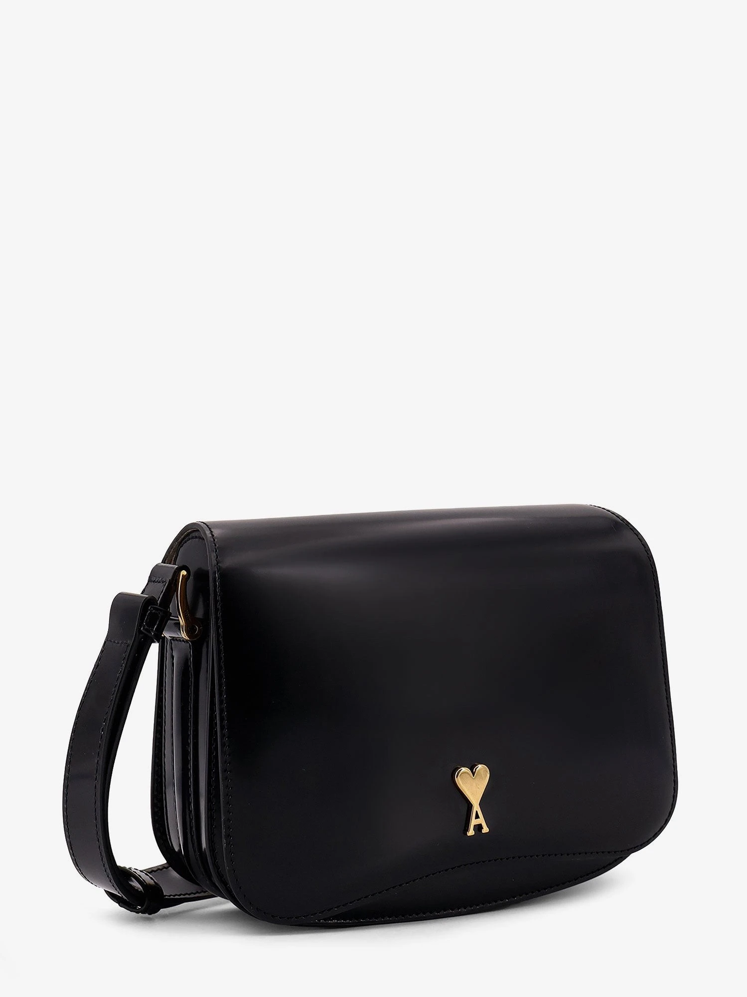 Leather shoulder bag with metal logo on the front.webp
