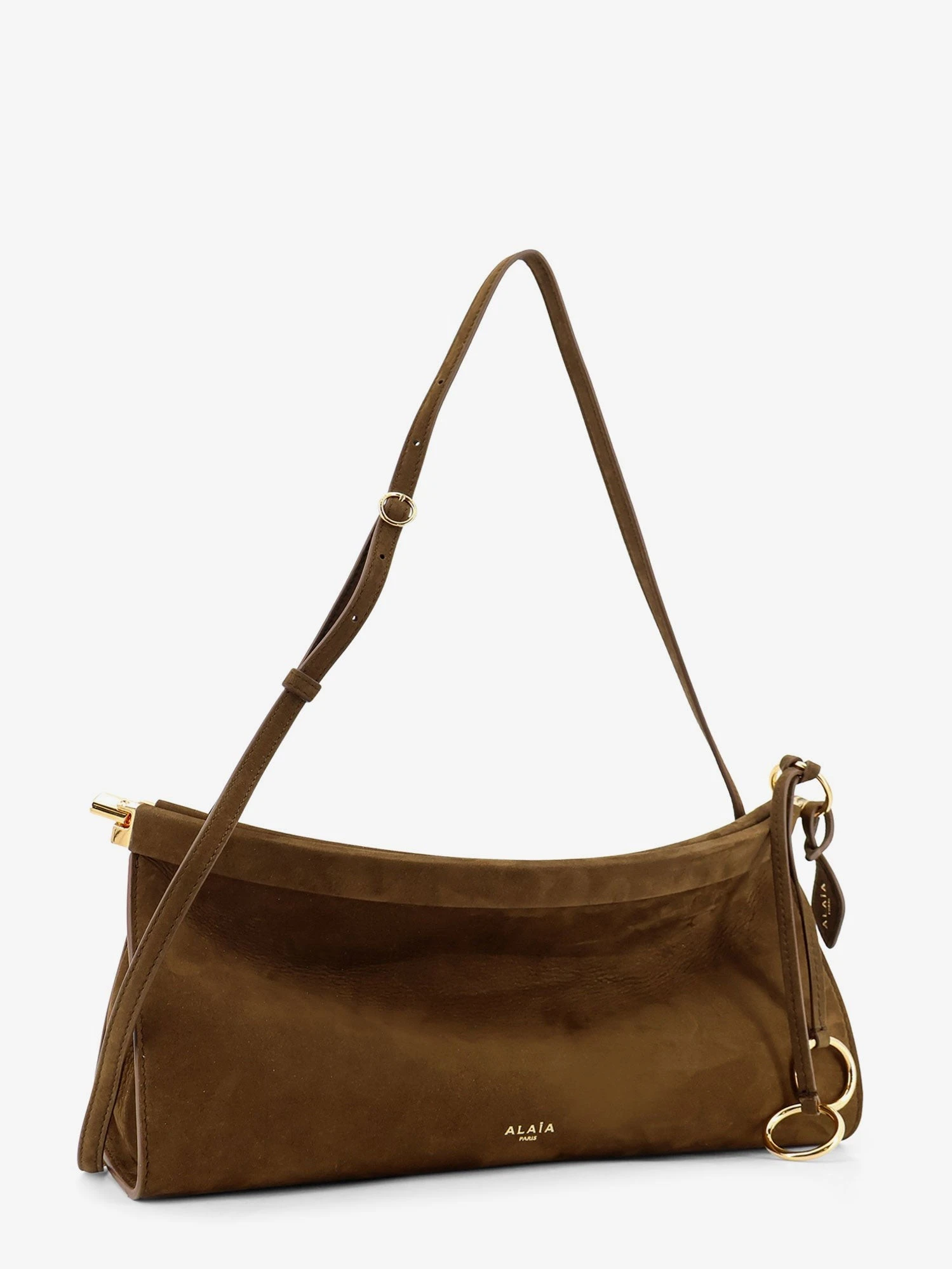 East West leather shoulder bag with engraved logo lettering.webp