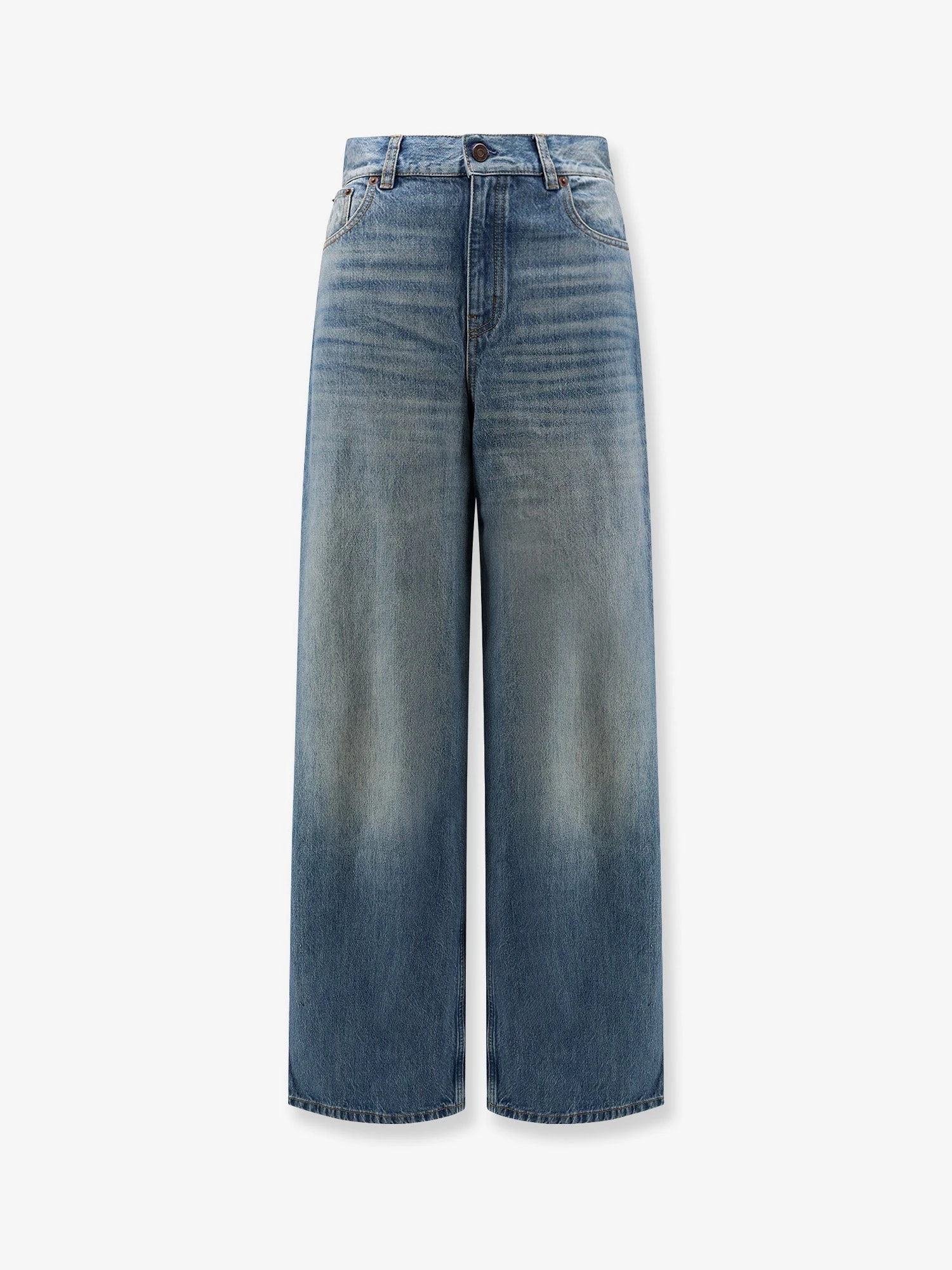 Blue denim jeans with logo label on the back.webp