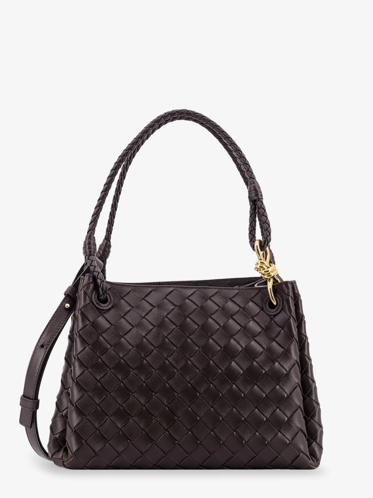 Parachute leather shoulder bag with Intrecciato pattern and Knot detail.webp