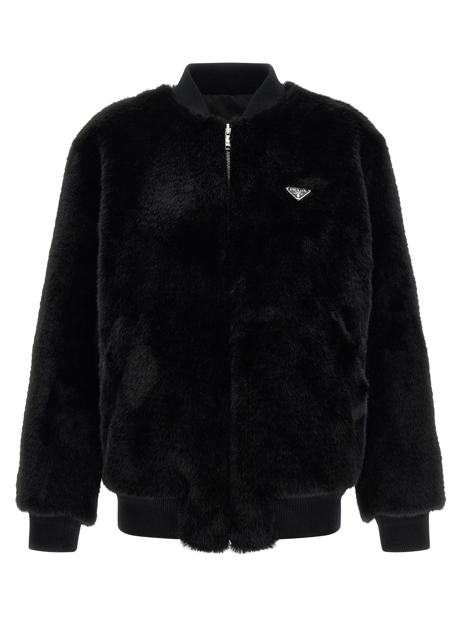 Eco-fur and Re-Nylon reversible bomber jacket