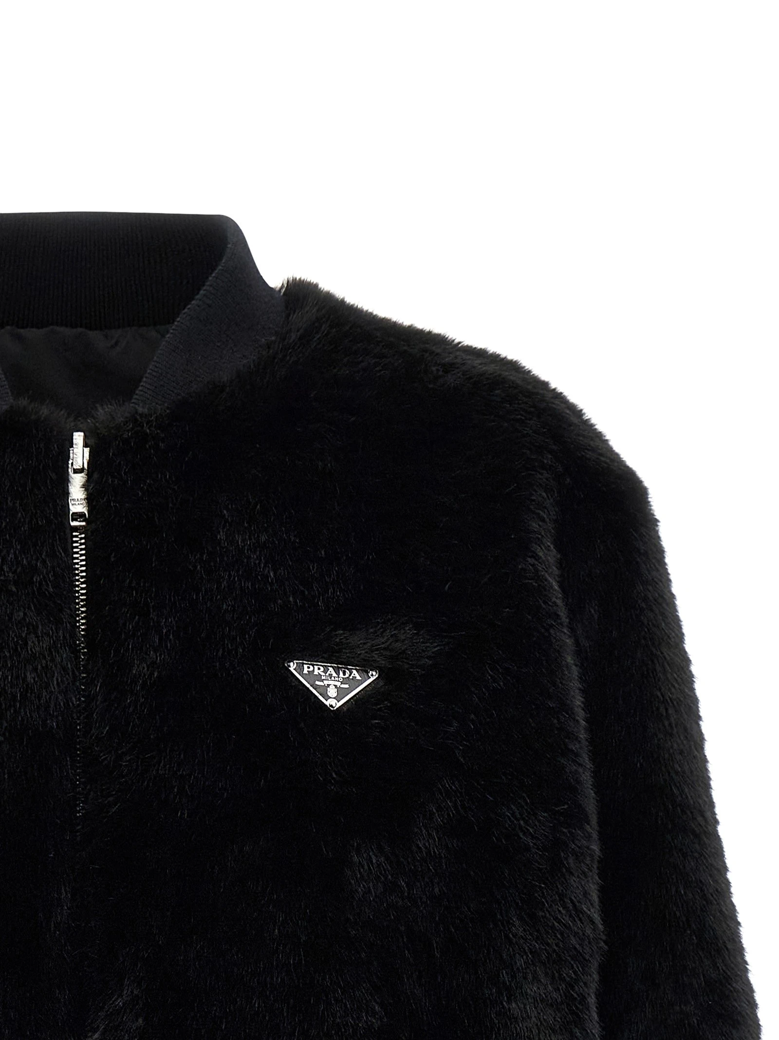Eco-fur and Re-Nylon reversible bomber jacket